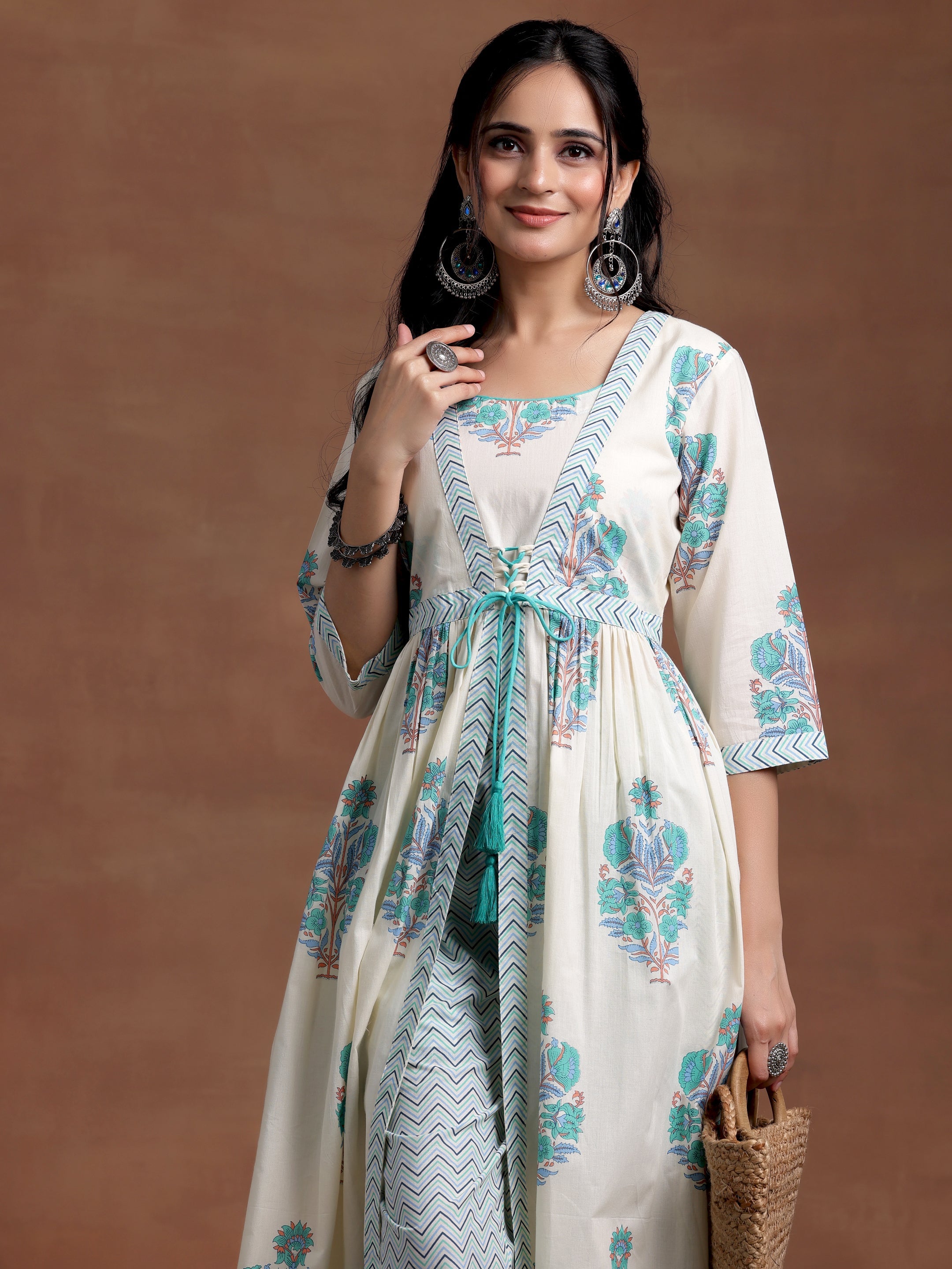 Off white Printed Cotton Straight Kurta Set