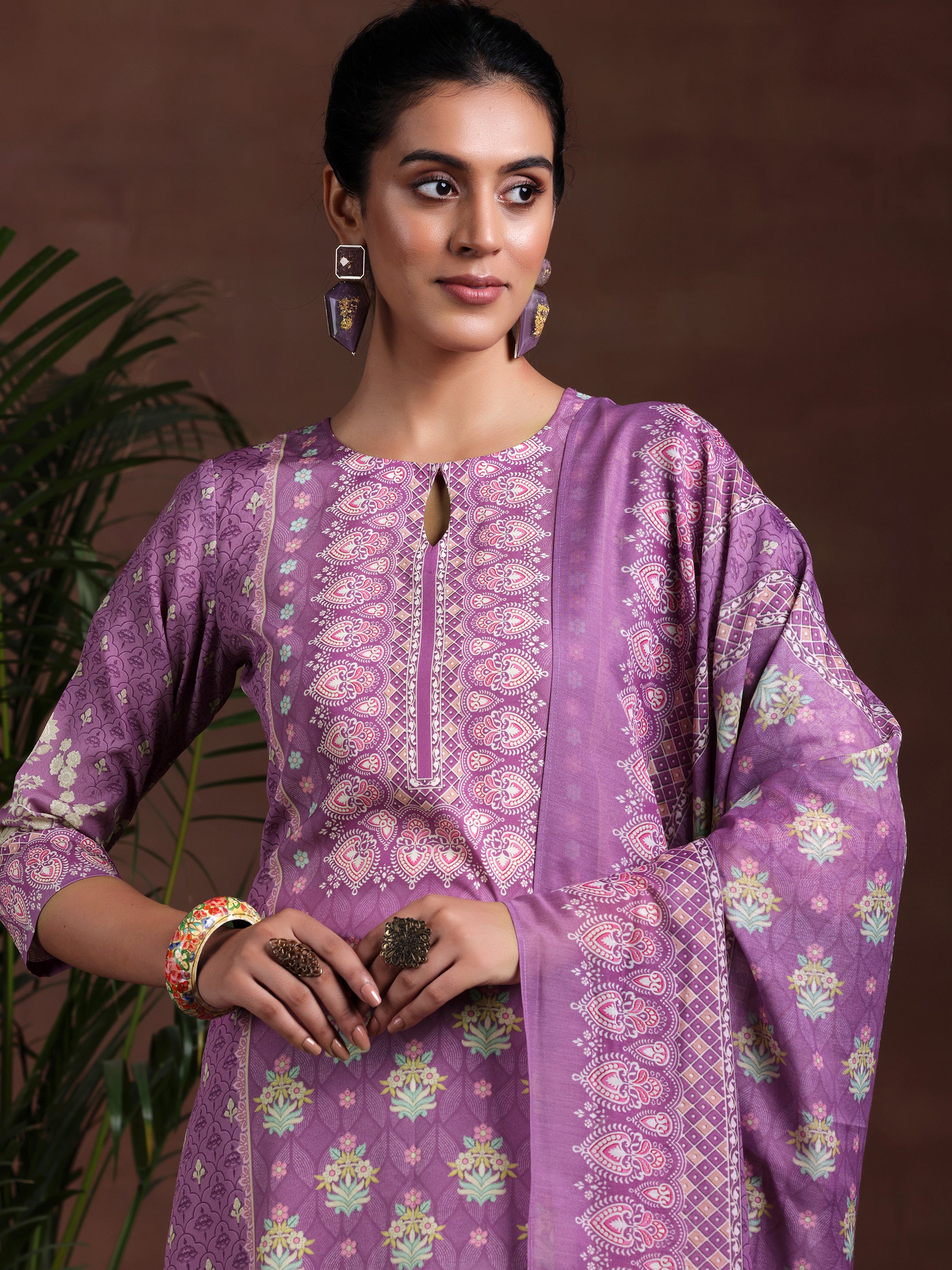 Purple Printed Poly Crepe Straight Suit With Dupatta