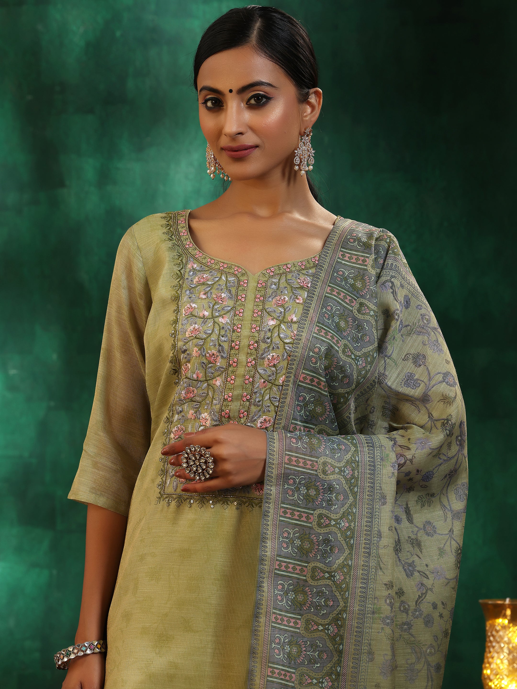 Green Yoke Design Silk Blend Straight Suit With Dupatta