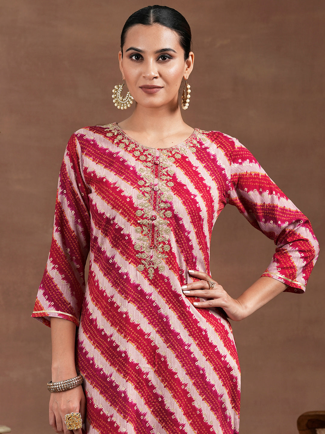 Pink Printed Rayon Straight Kurta