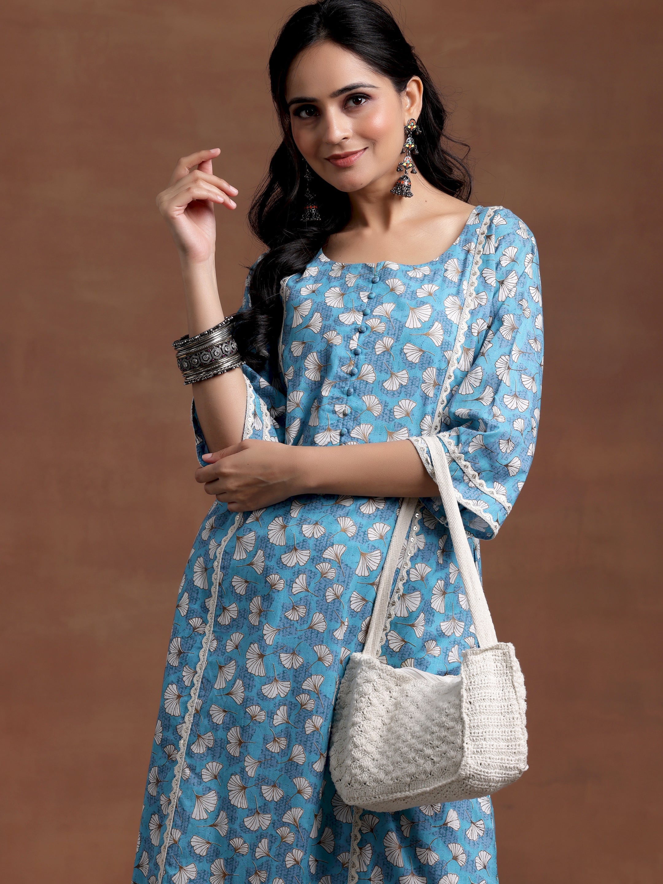 Blue Printed Cotton A-Line Kurta