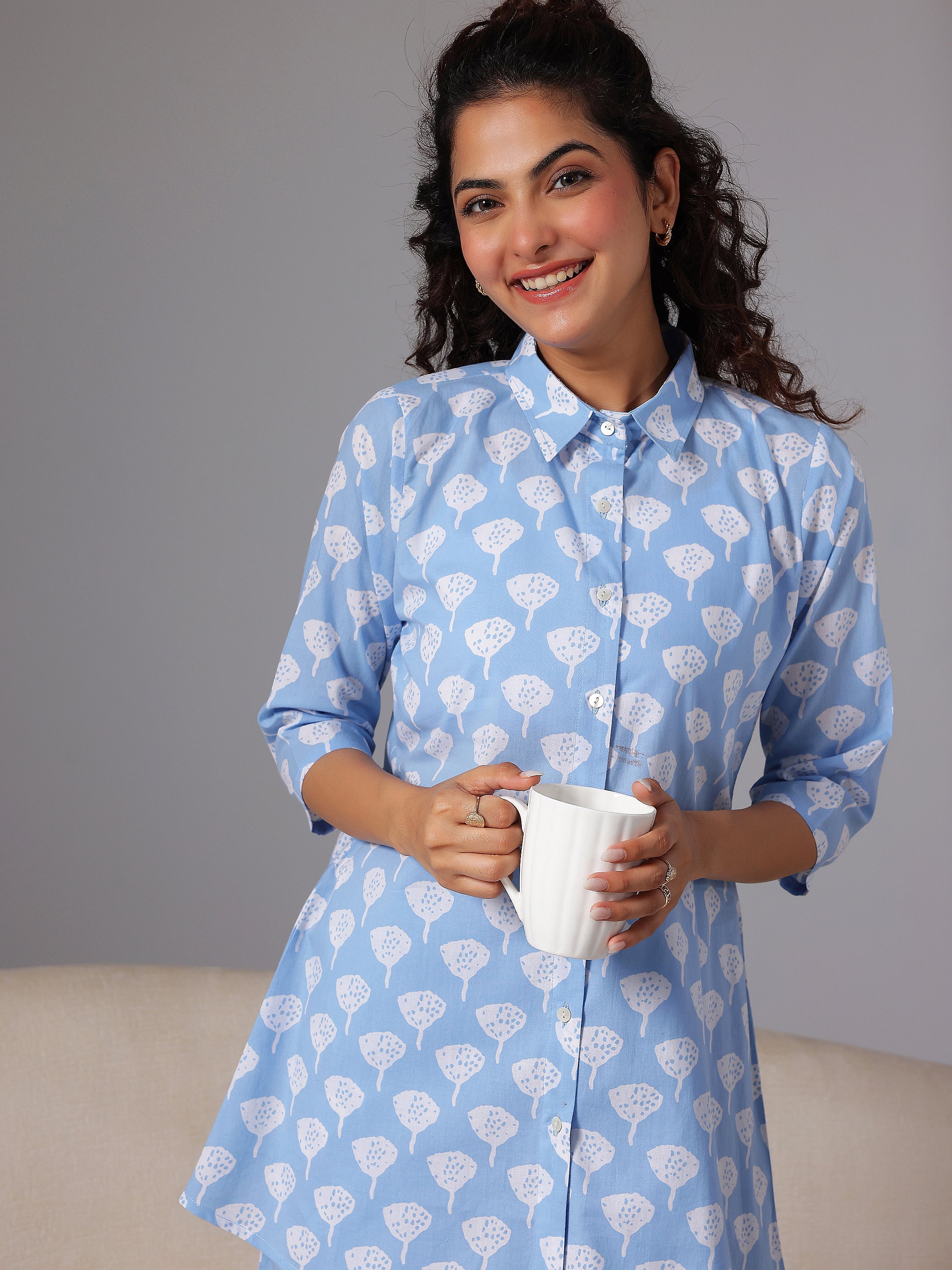 Blue Printed Cotton Night Suits