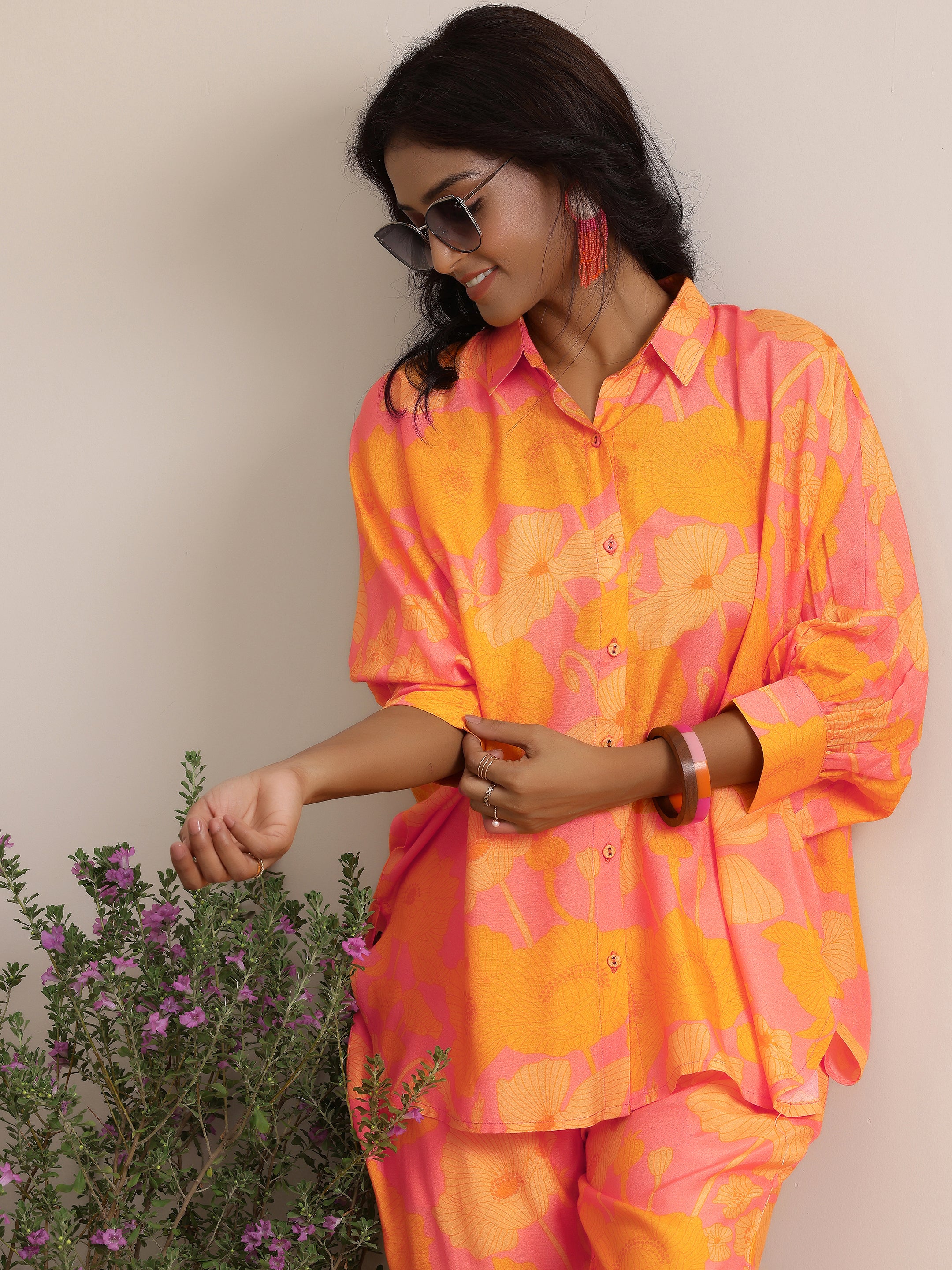 Orange Printed Silk Blend Co-Ords