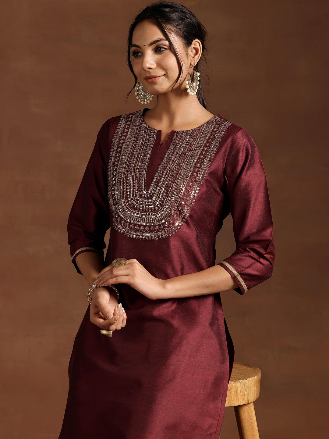 Maroon Yoke Design Silk Blend Straight Kurta Set