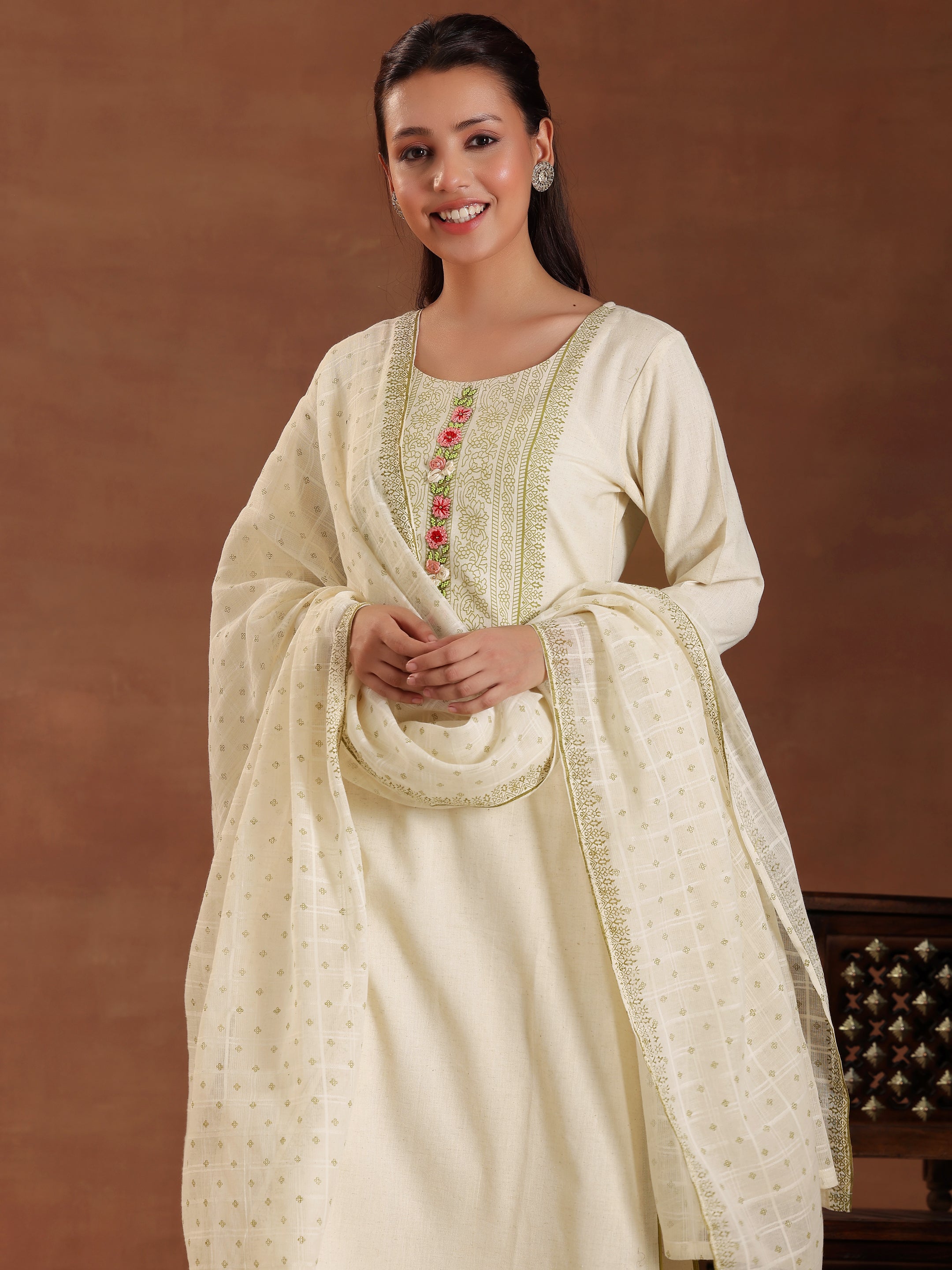 Off White Yoke Design Cotton Straight Suit With Dupatta