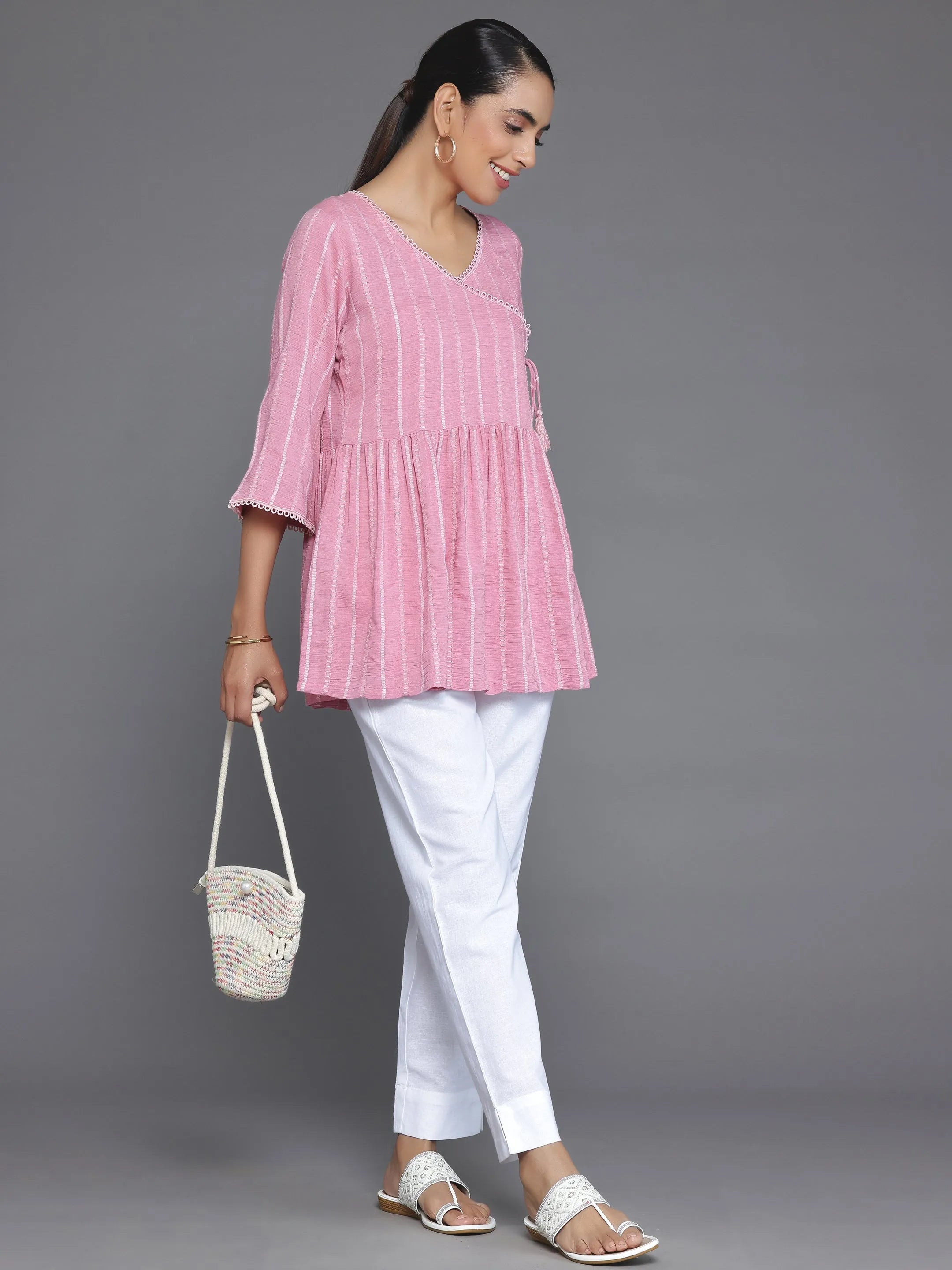 Pink Woven Design Cotton Blend A-Line Kurti