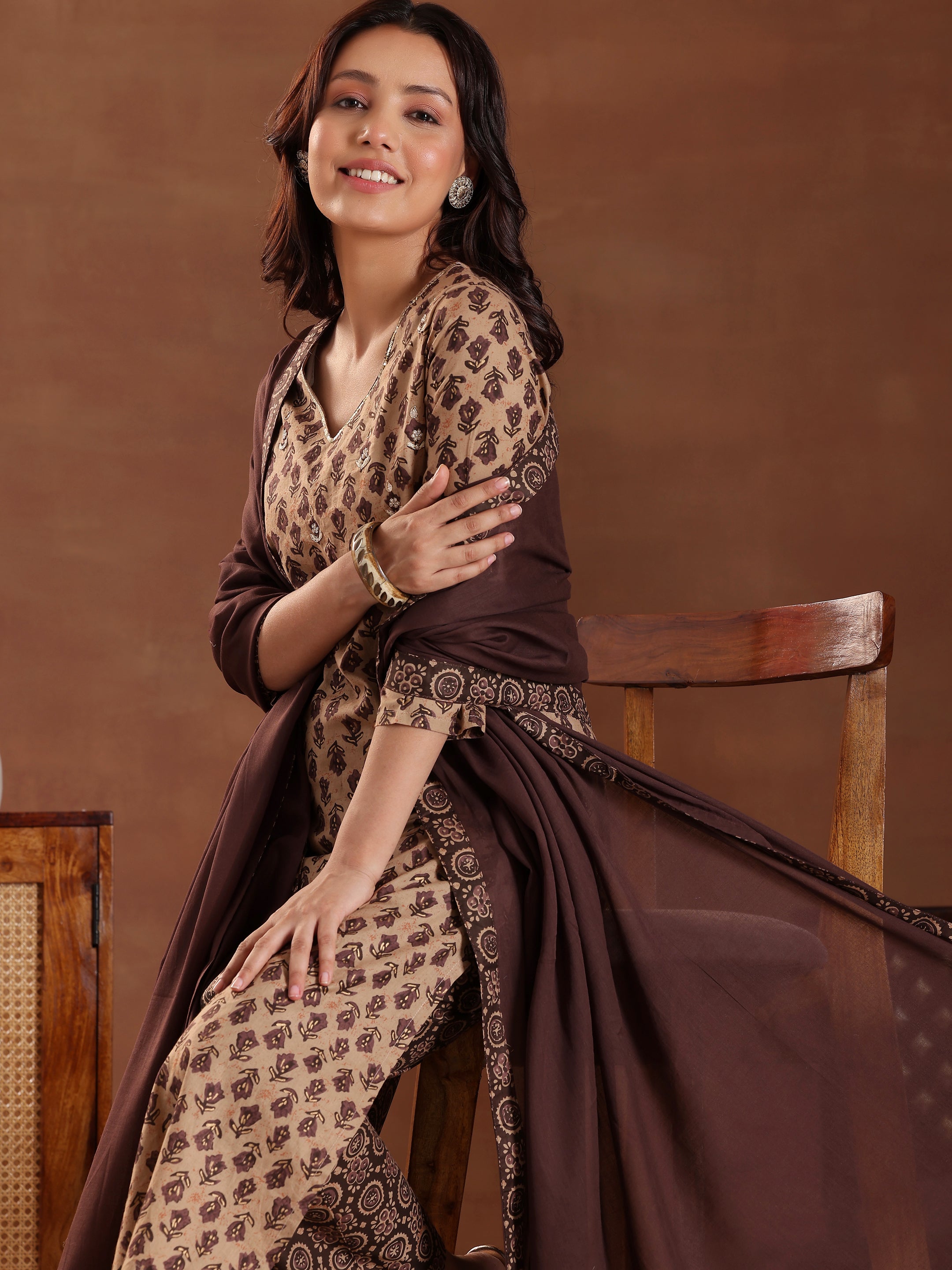 Brown Printed Cotton Straight Suit With Dupatta