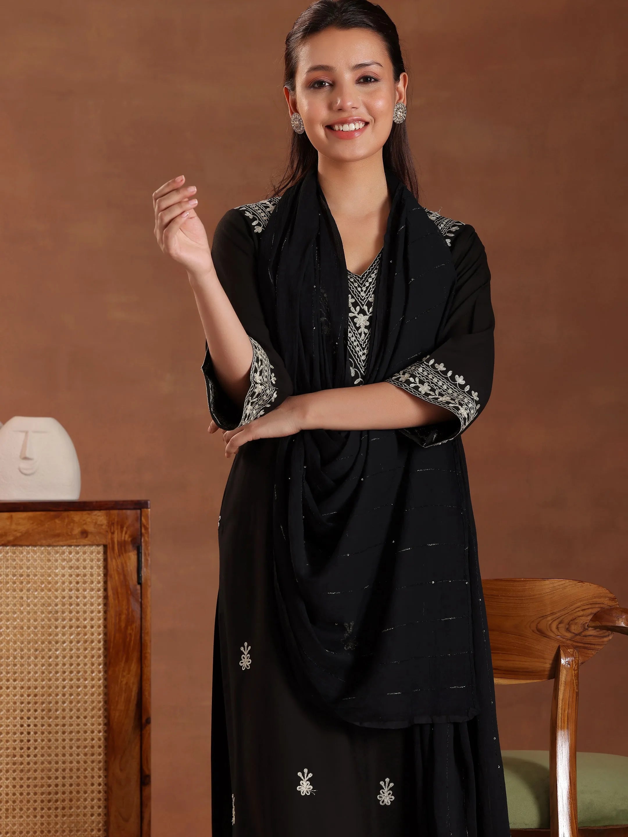 Black Embroidered Rayon Straight Suit With Dupatta