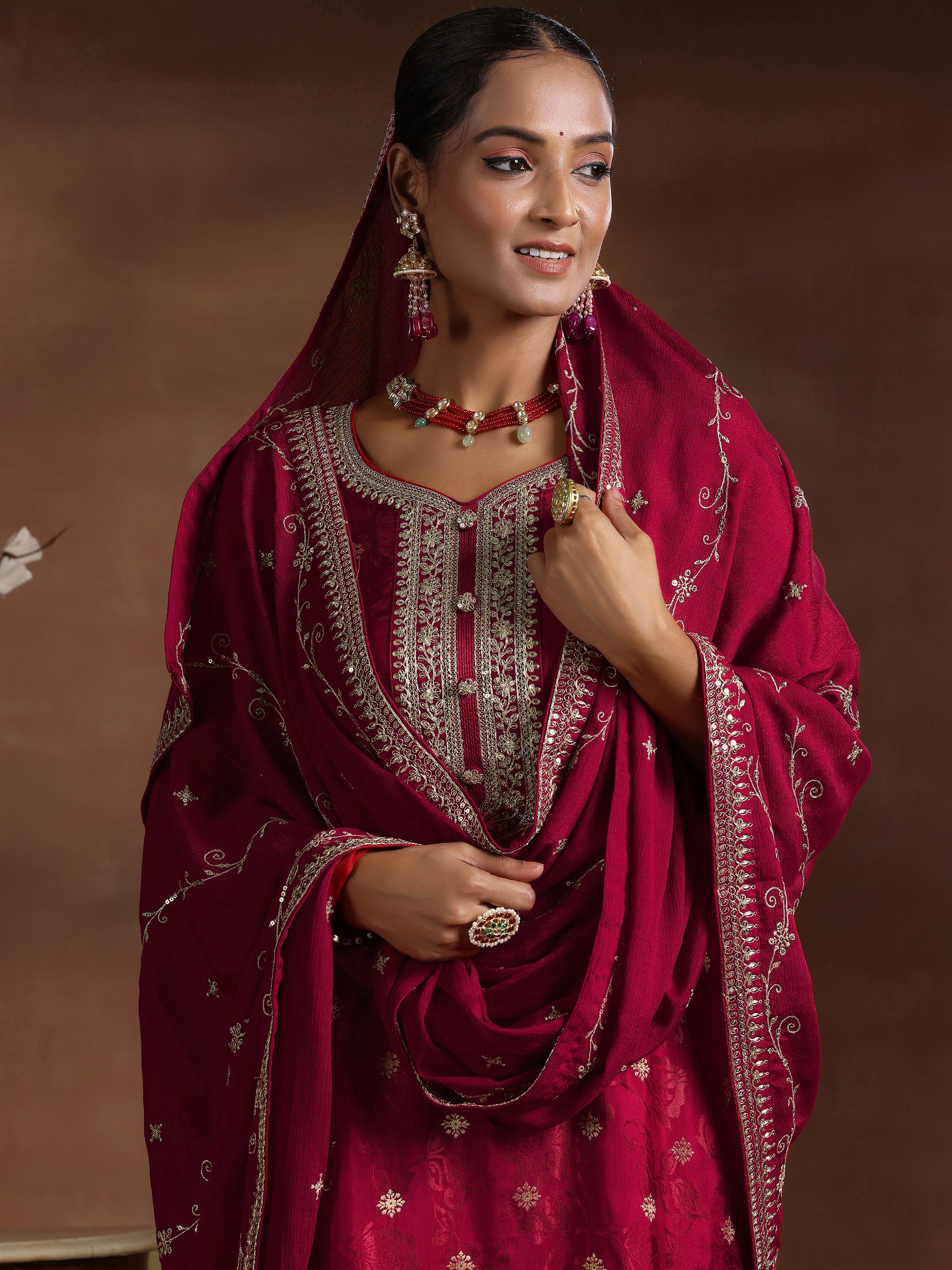 Maroon Woven Design Silk Blend Straight Suit With Dupatta