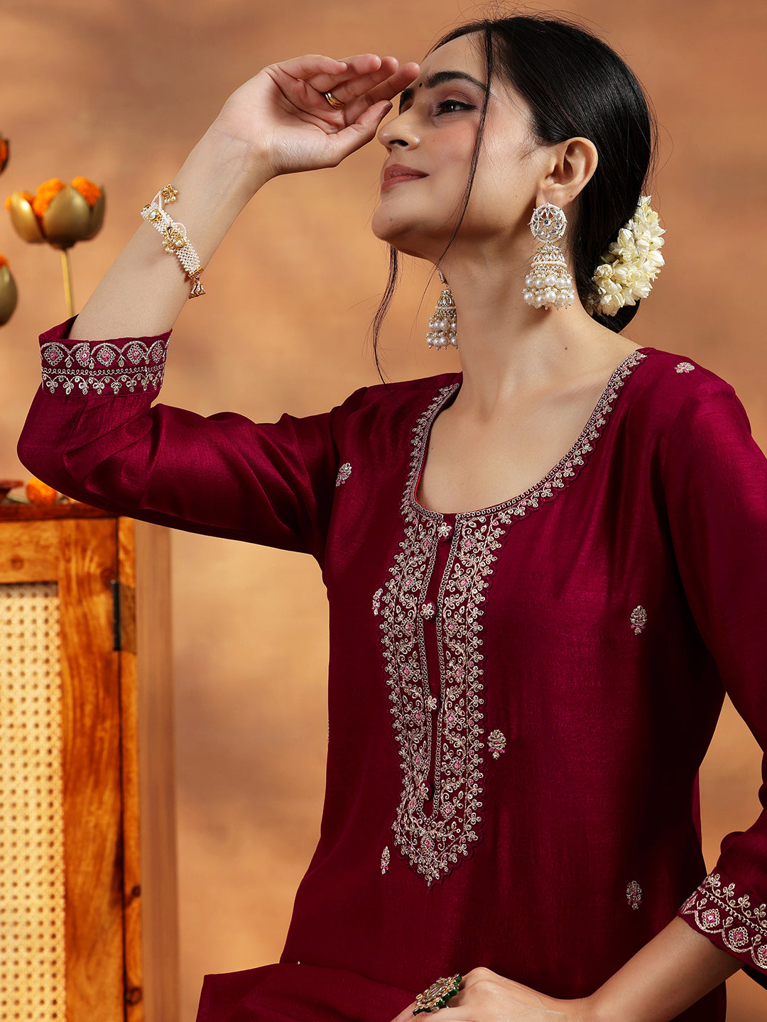 Maroon Embroidered Silk Straight Kurta