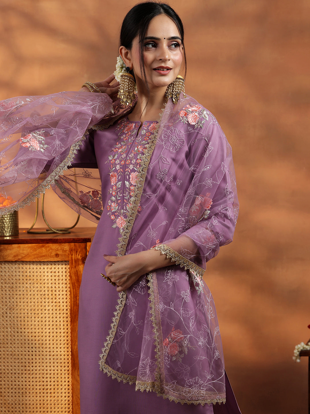 Lavender Yoke Design Silk Blend Straight Suit With Dupatta