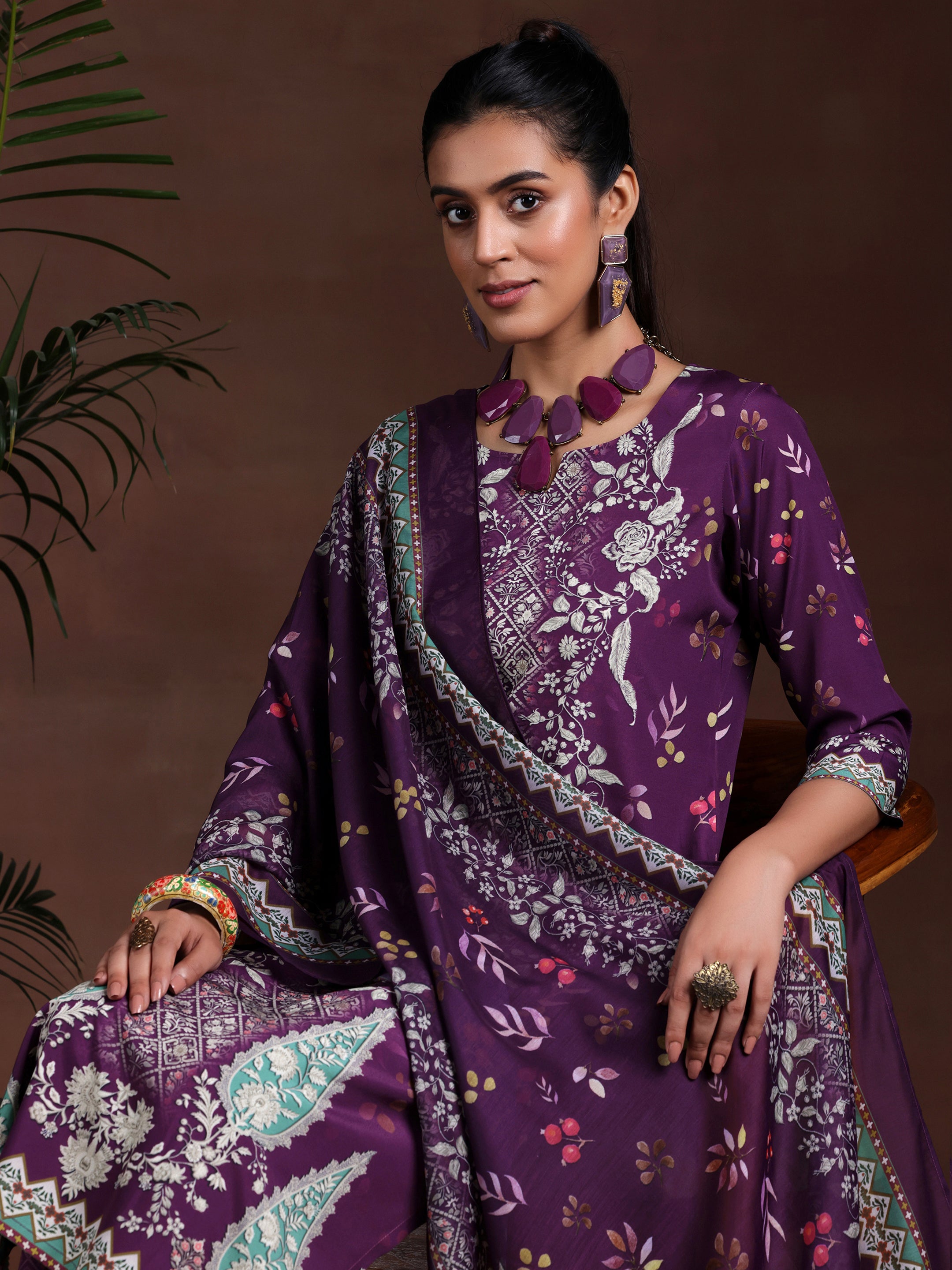 Wine Printed Poly Crepe Straight Suit With Dupatta