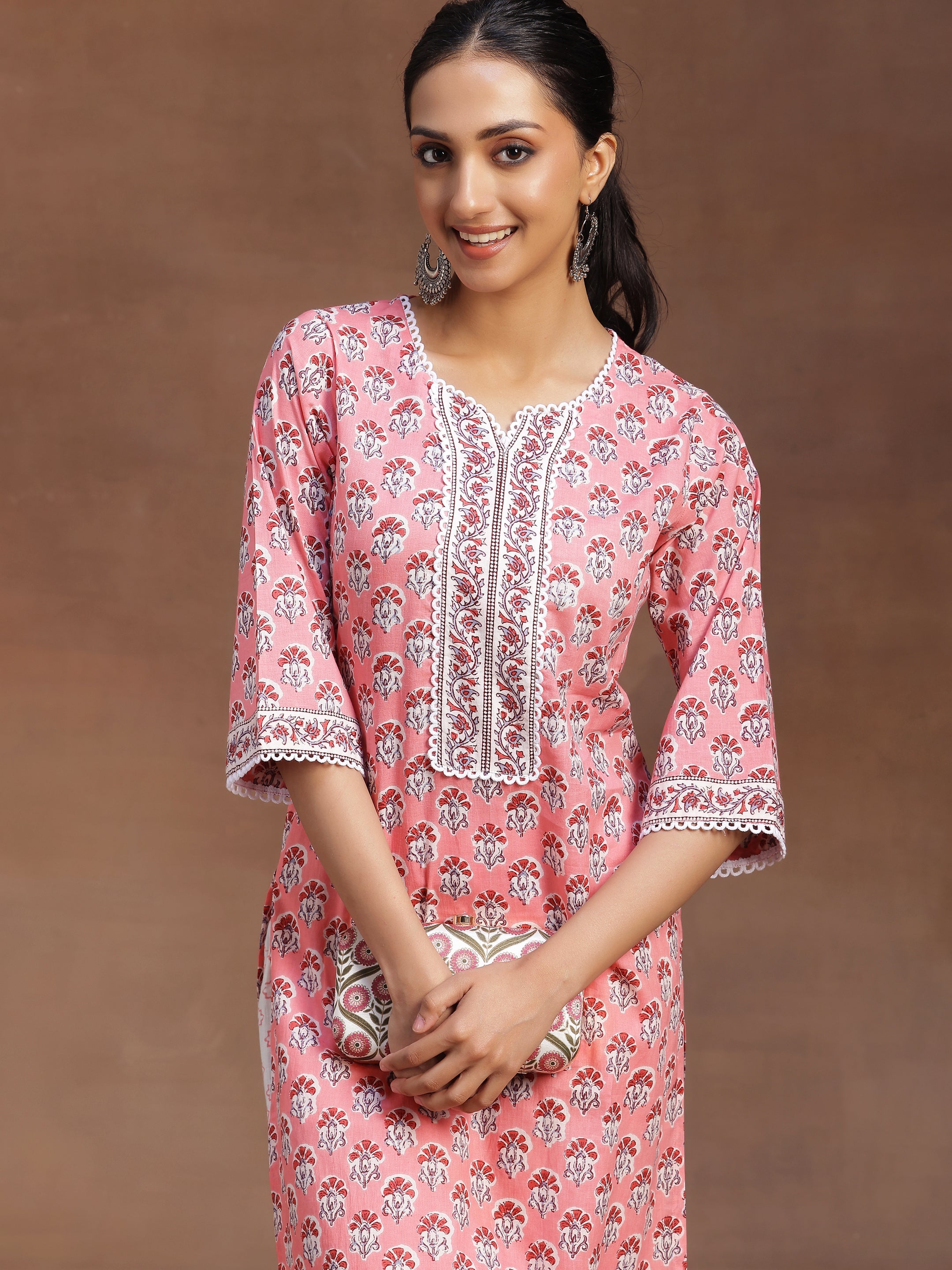 Peach Printed Cotton Straight Kurta With Palazzos