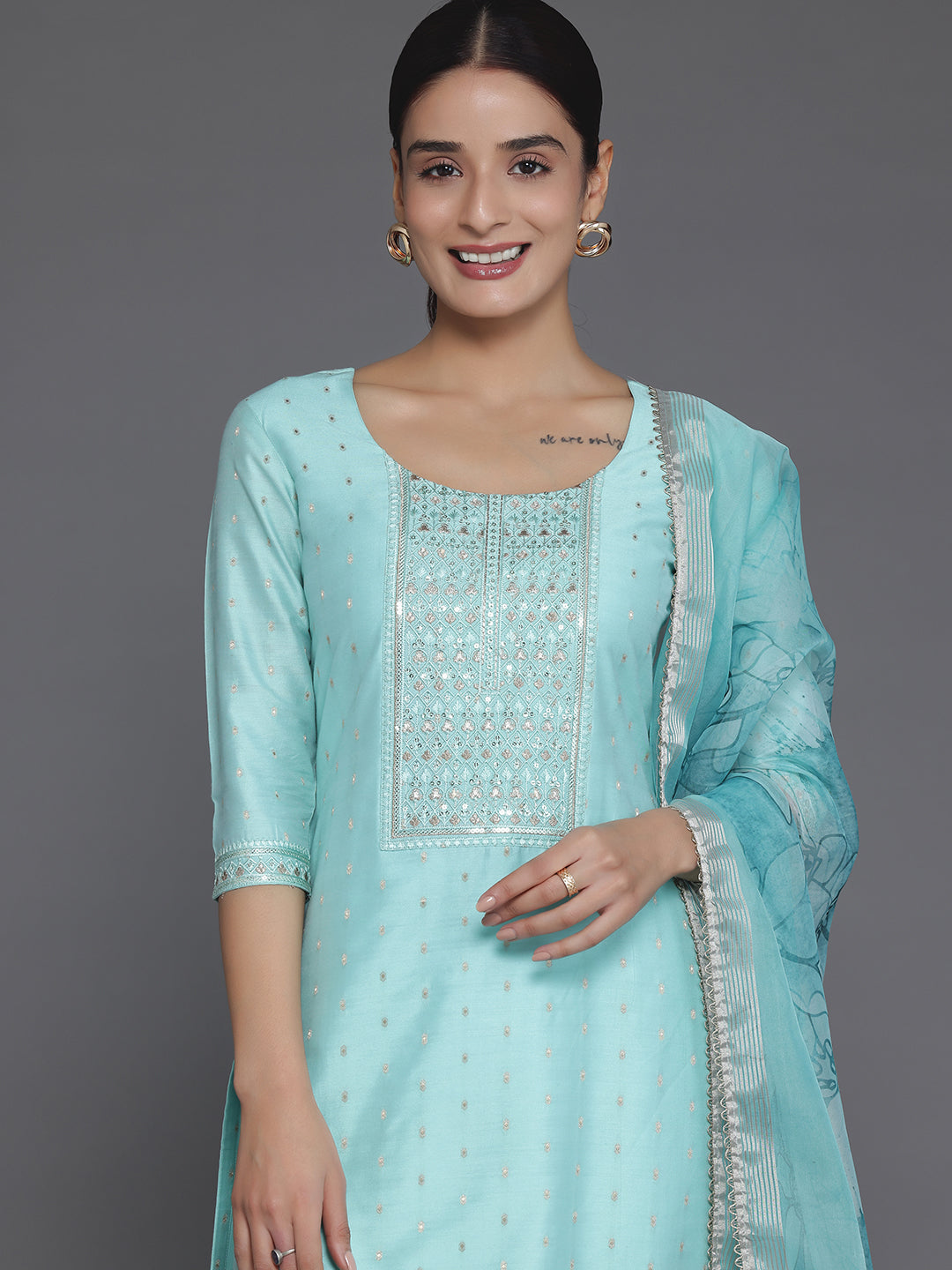 Turquoise Yoke Design Silk Blend Straight Suit With Dupatta