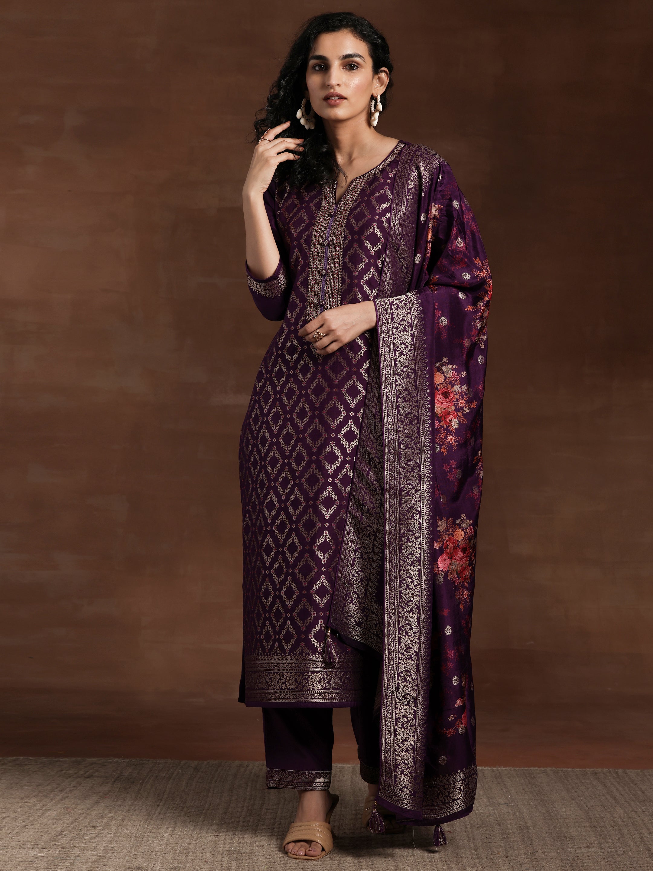 Purple Woven Design Silk Blend Straight Suit With Dupatta