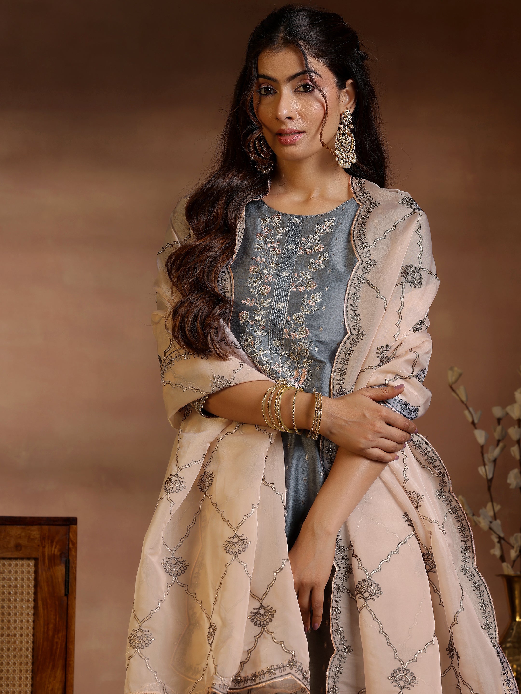 Grey Yoke Design Silk Blend Straight Suits With Dupatta