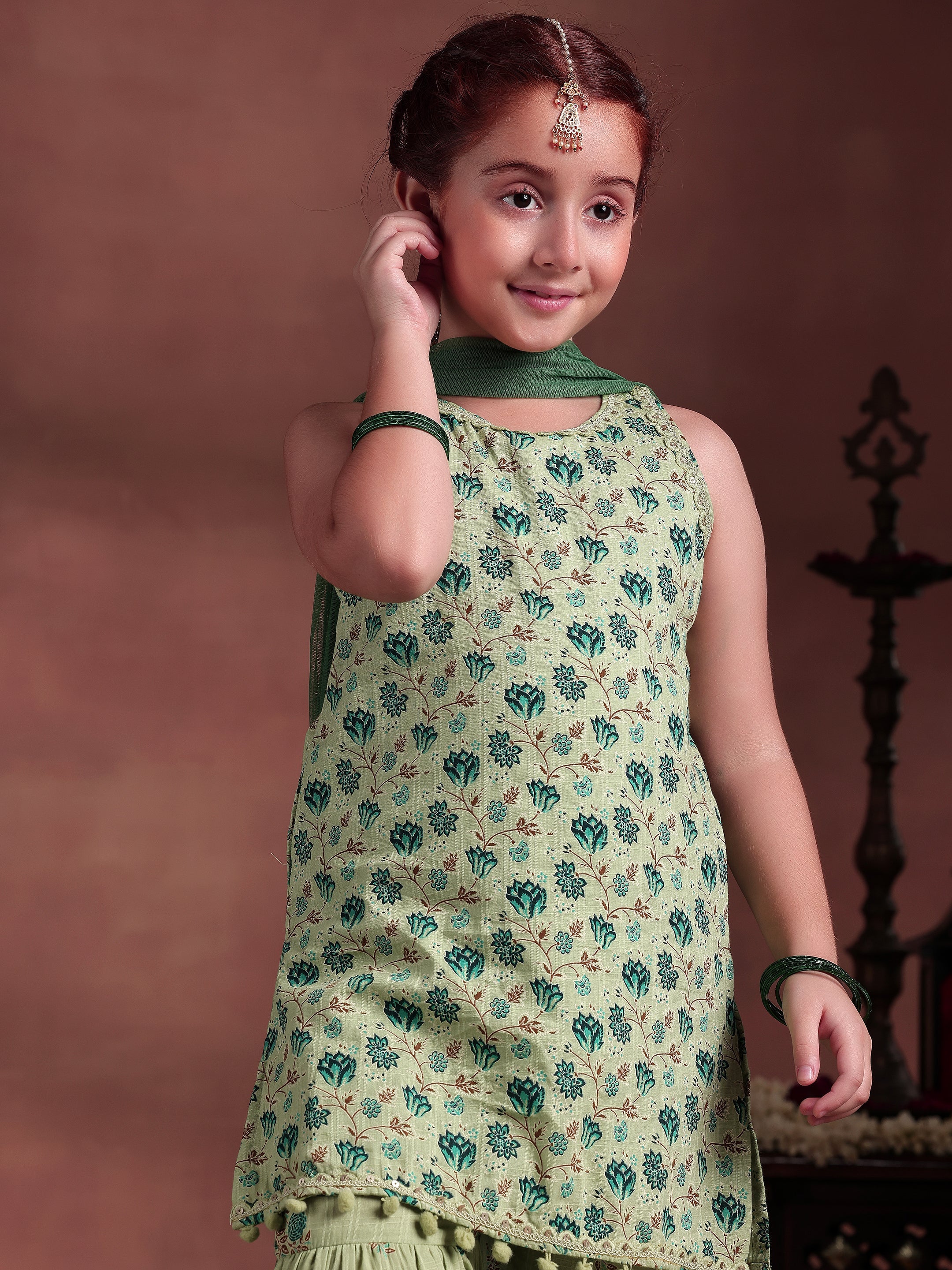 Kids Green Printed Cotton Straight Suit With Dupatta