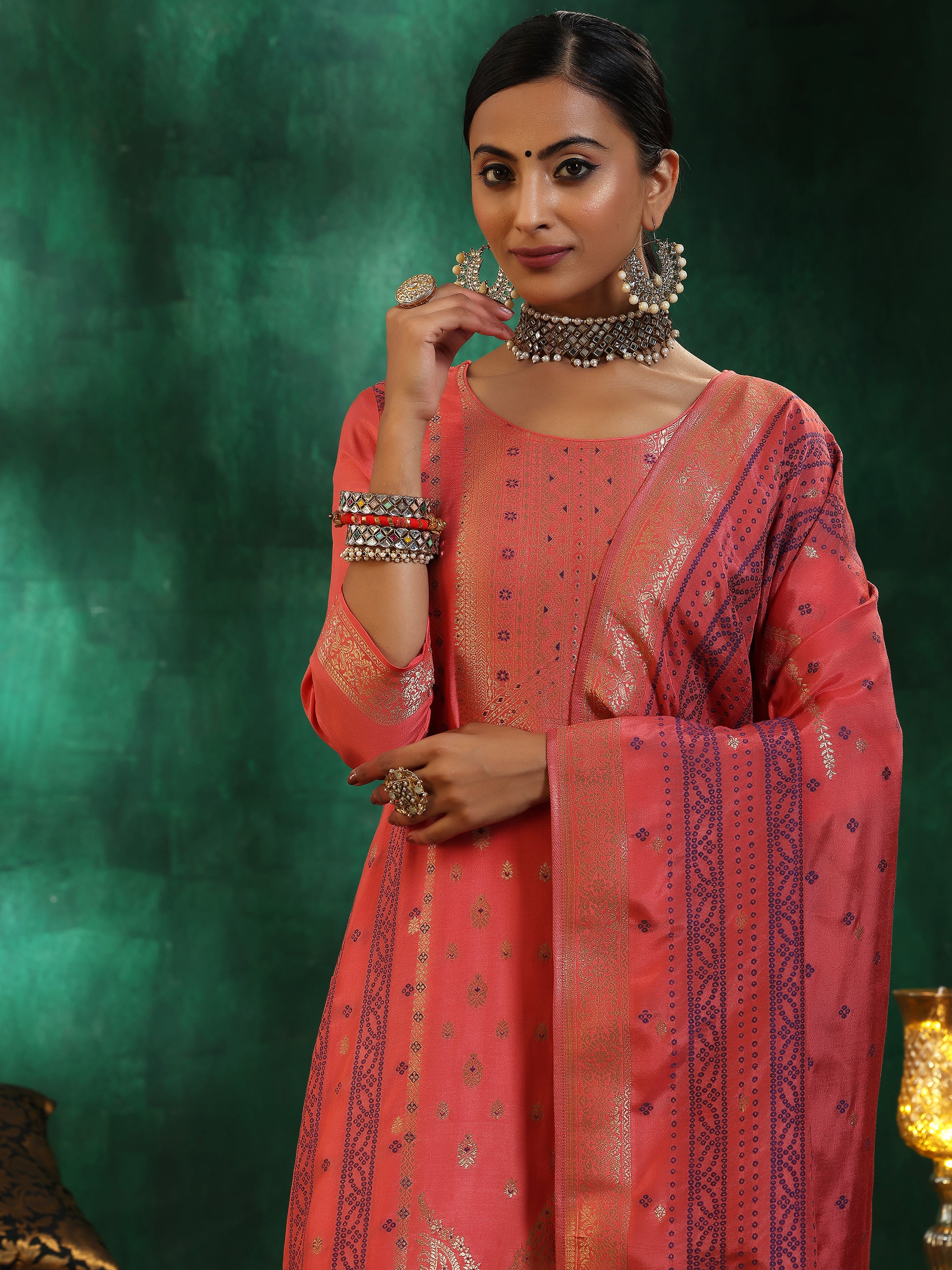 Peach Woven Design Silk Blend Straight Suit With Dupatta