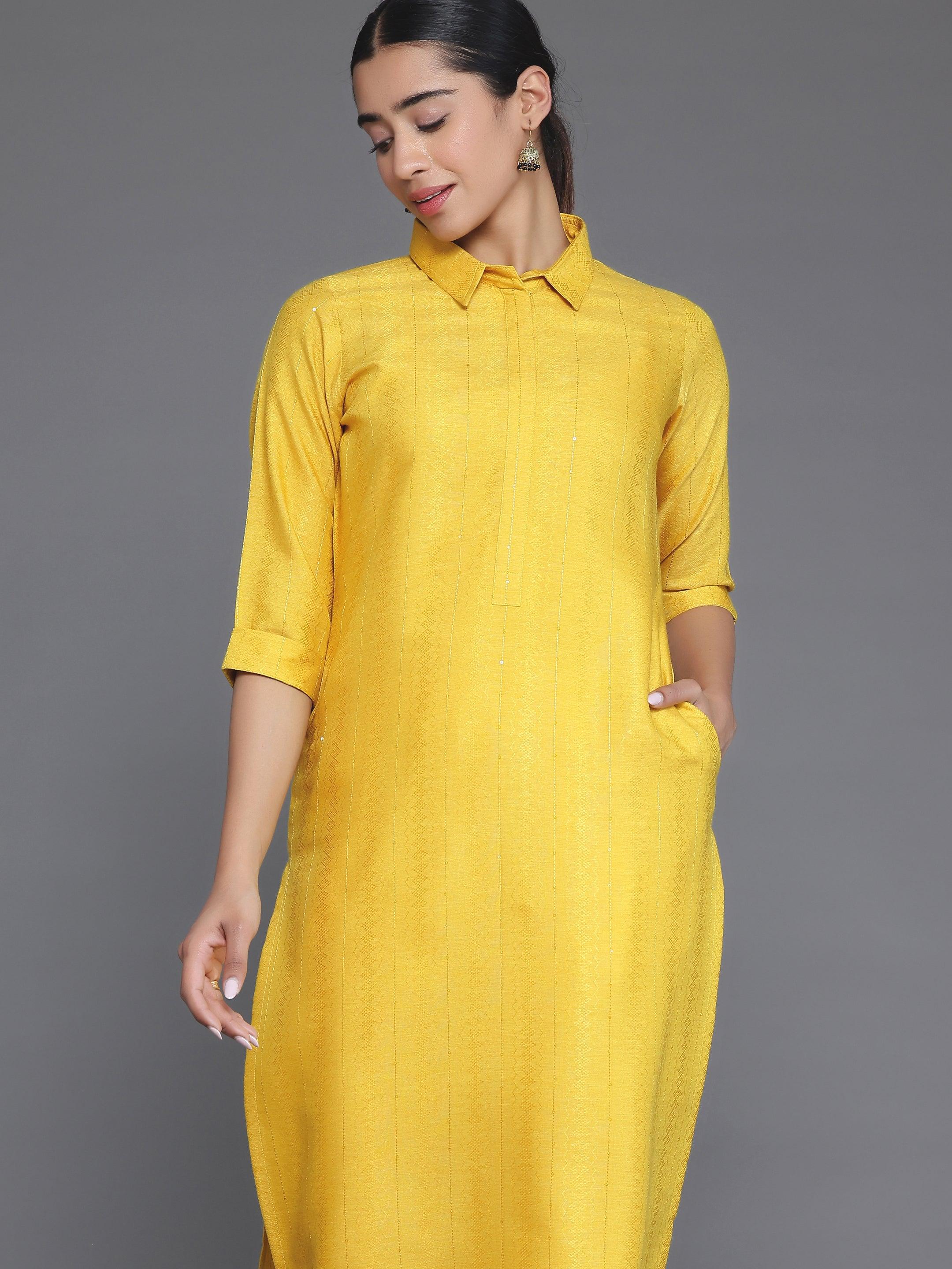 Yellow Woven Design Cotton Straight Kurta