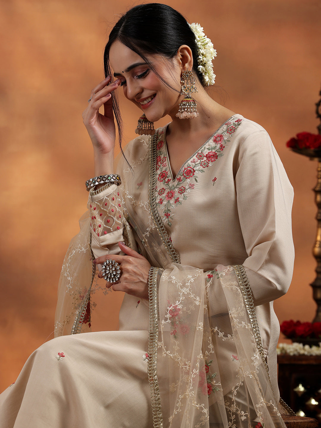 Ivory Embroidered Silk Blend Straight Suit With Dupatta