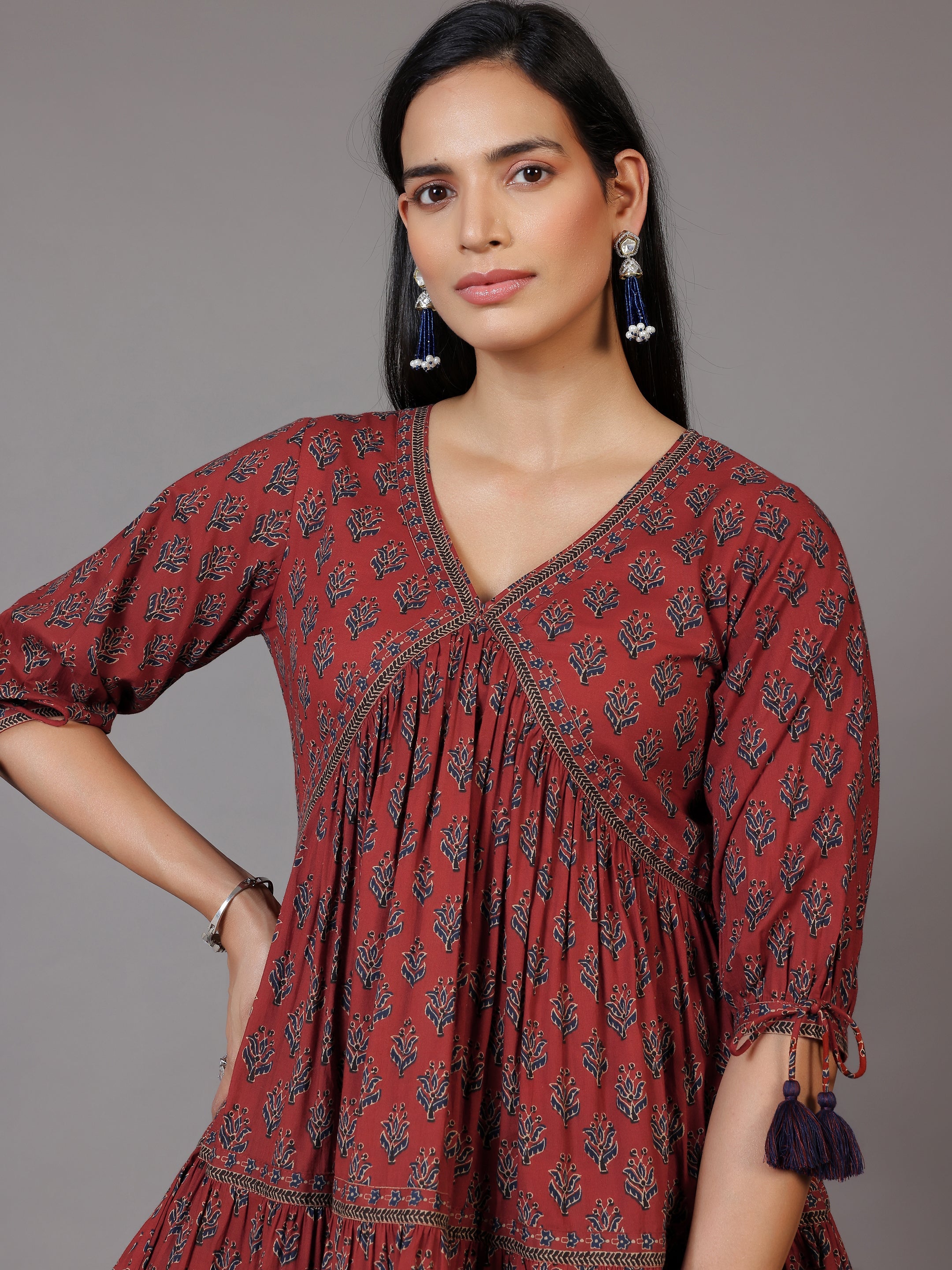 Rust Printed Cotton A-Line Kurti