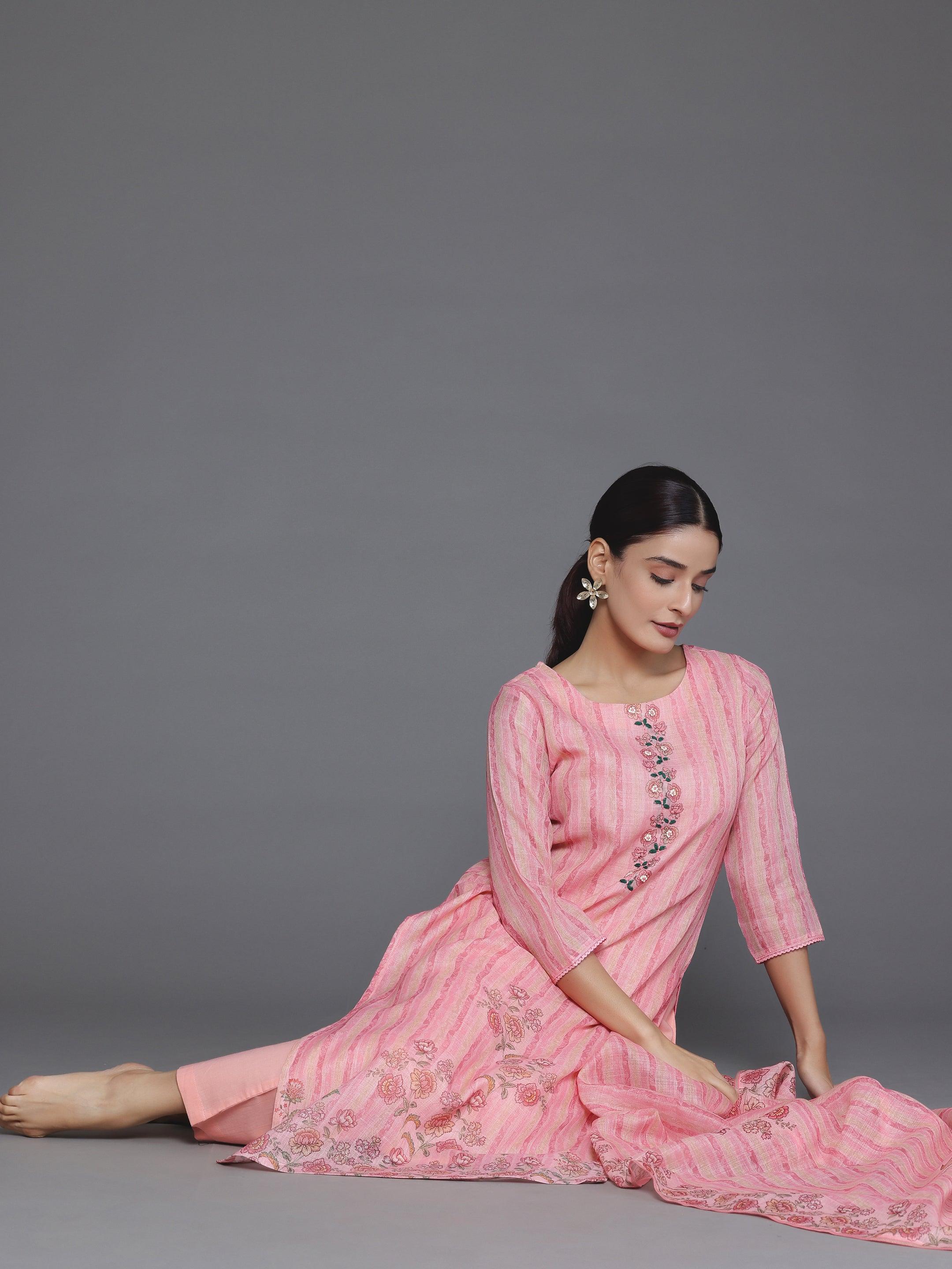 Pink Printed Cotton Straight Suit With Dupatta