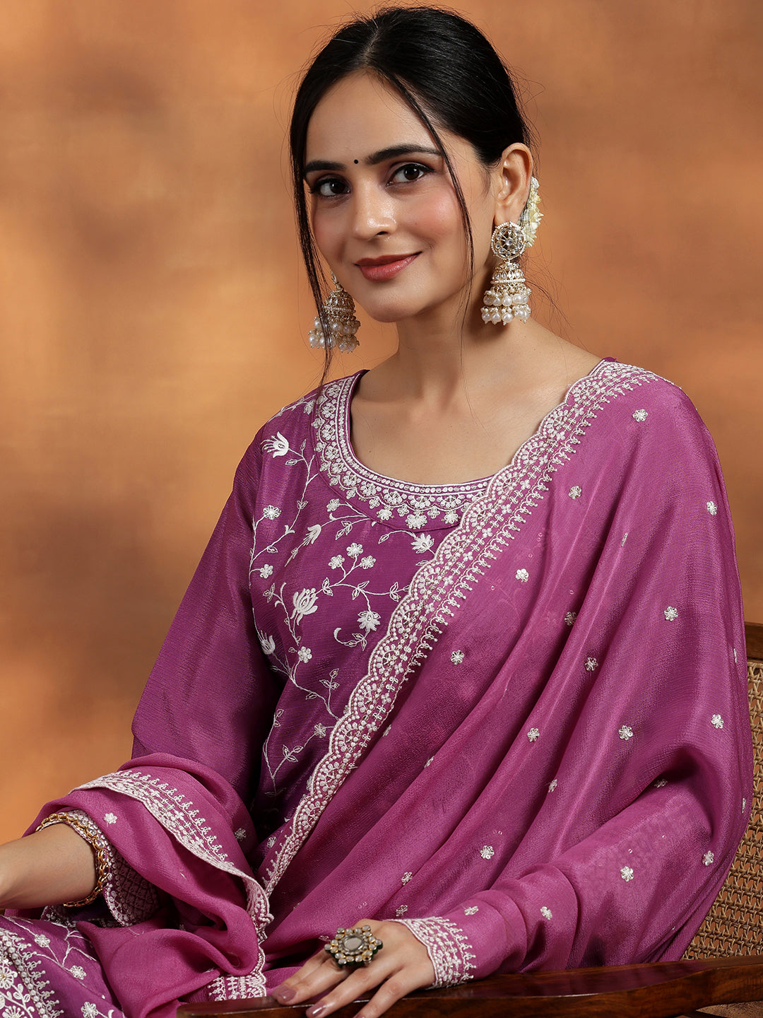 Mauve Embroidered Silk Blend Straight Suit With Dupatta