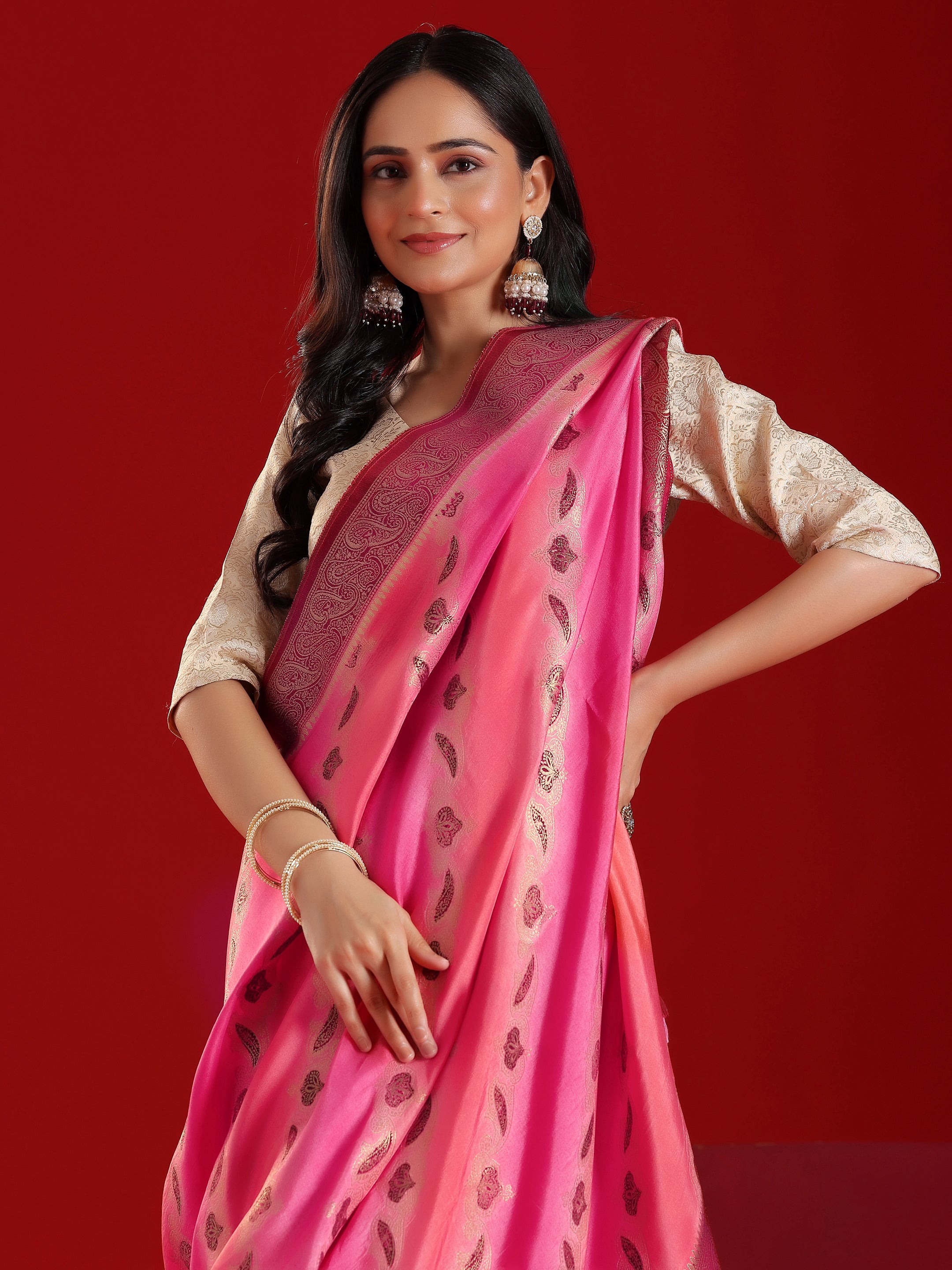 Libas Art Pink Woven Design Satin Saree With Unstitched  Blouse Piece