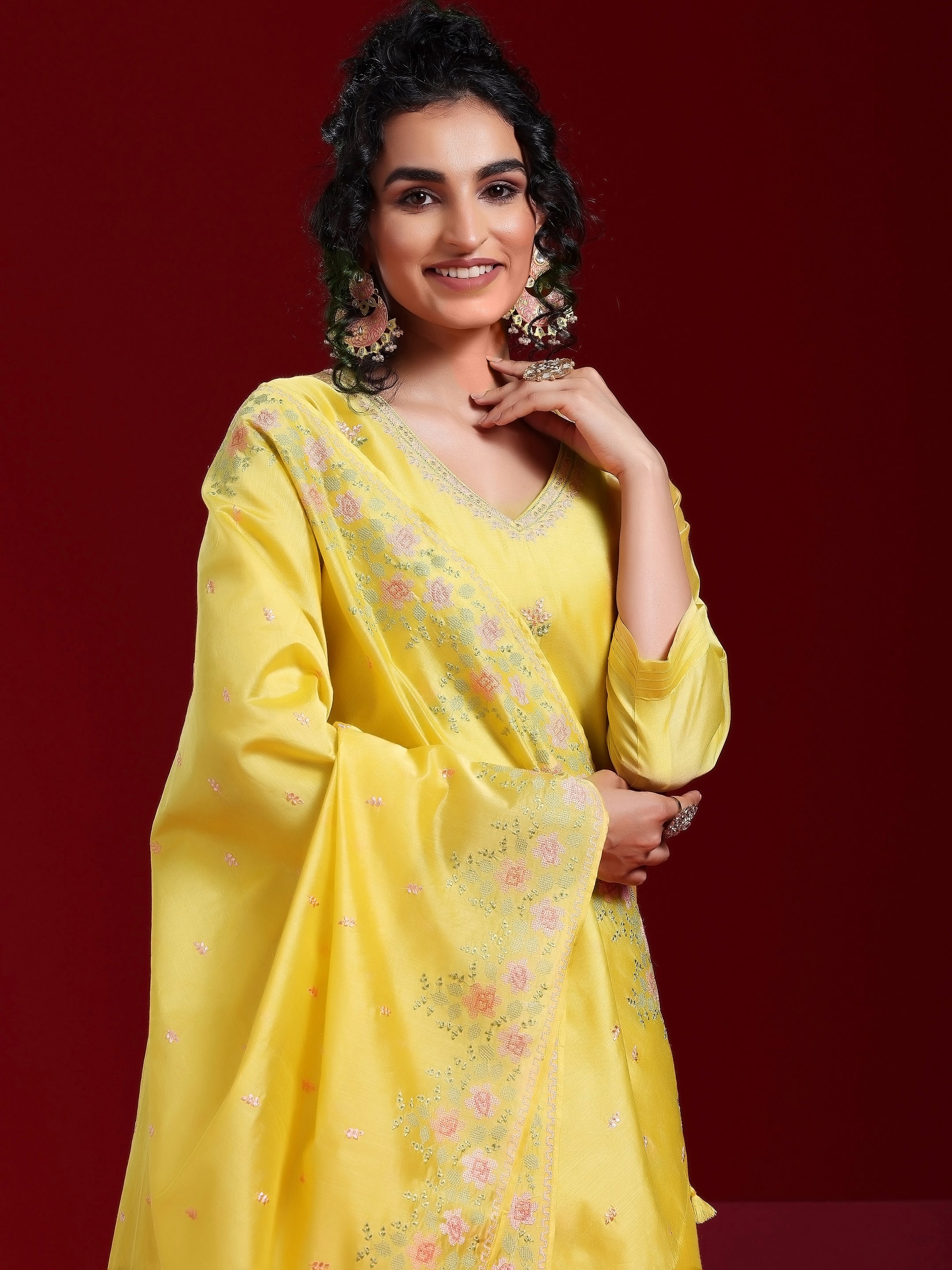 Libas Art Yellow Embroidered Chanderi Silk Straight Suit With Dupatta