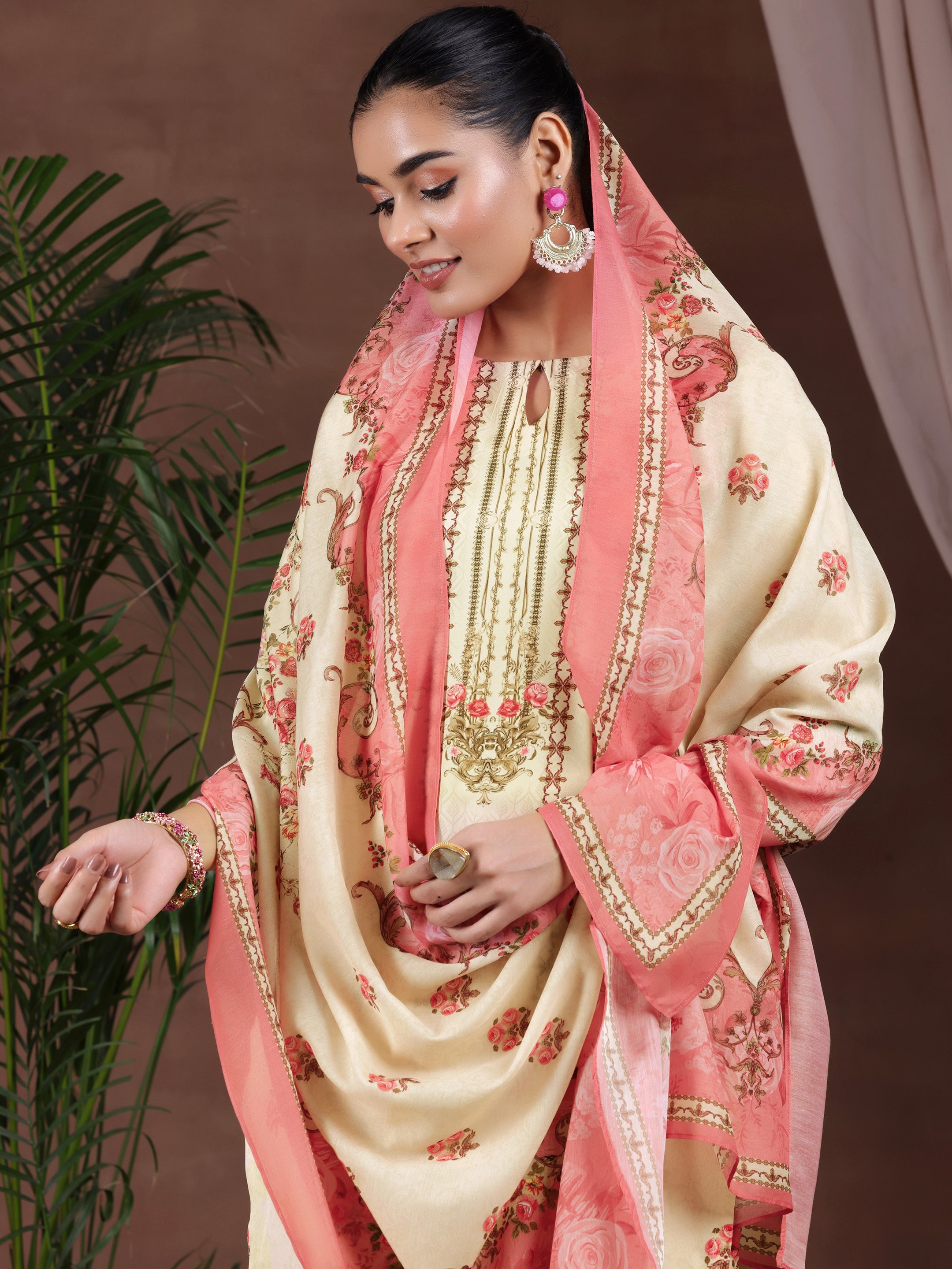 Beige Printed Poly Crepe Straight Suit With Dupatta