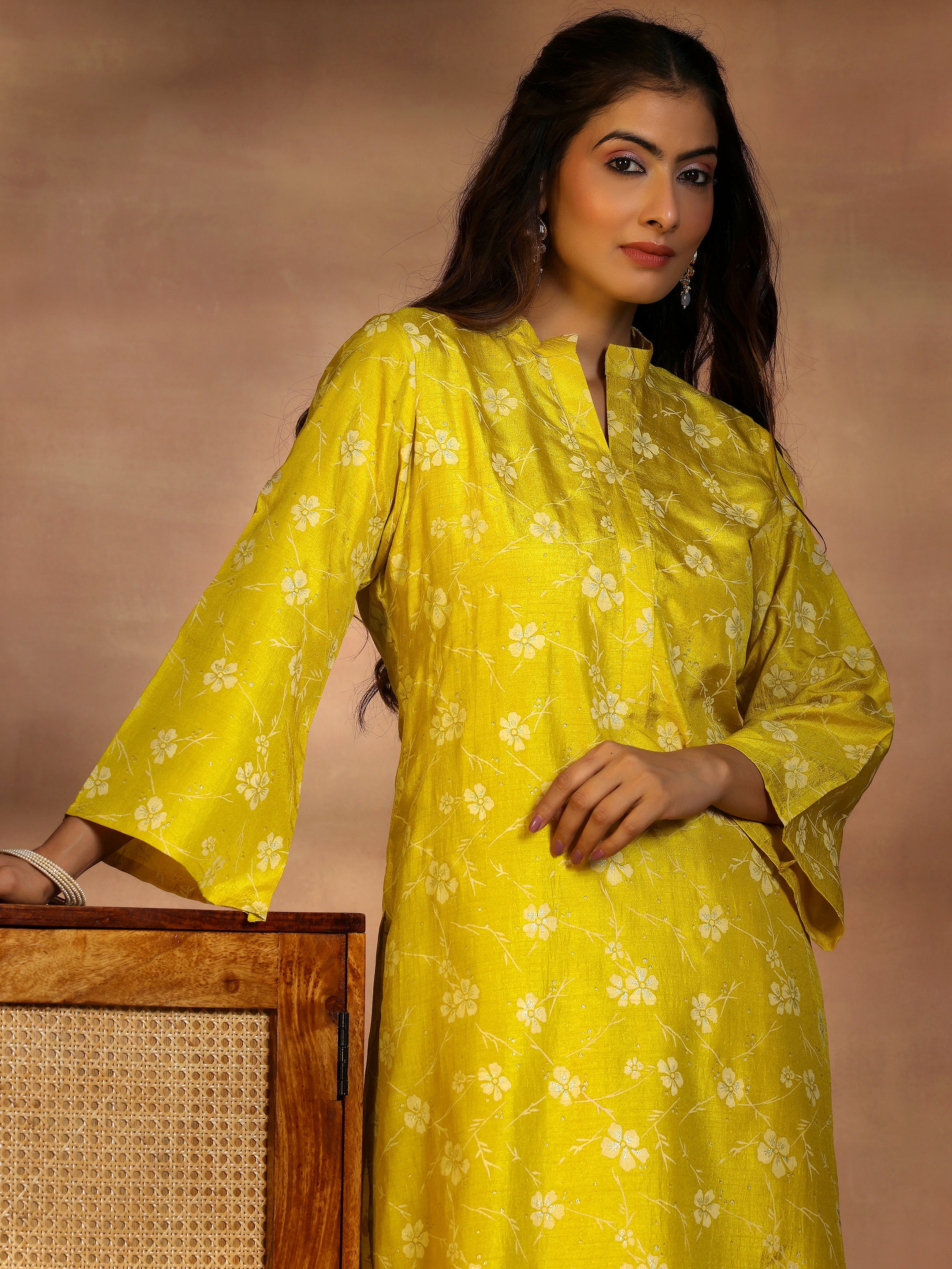 Mustard Printed Silk Blend Straight Kurta Set