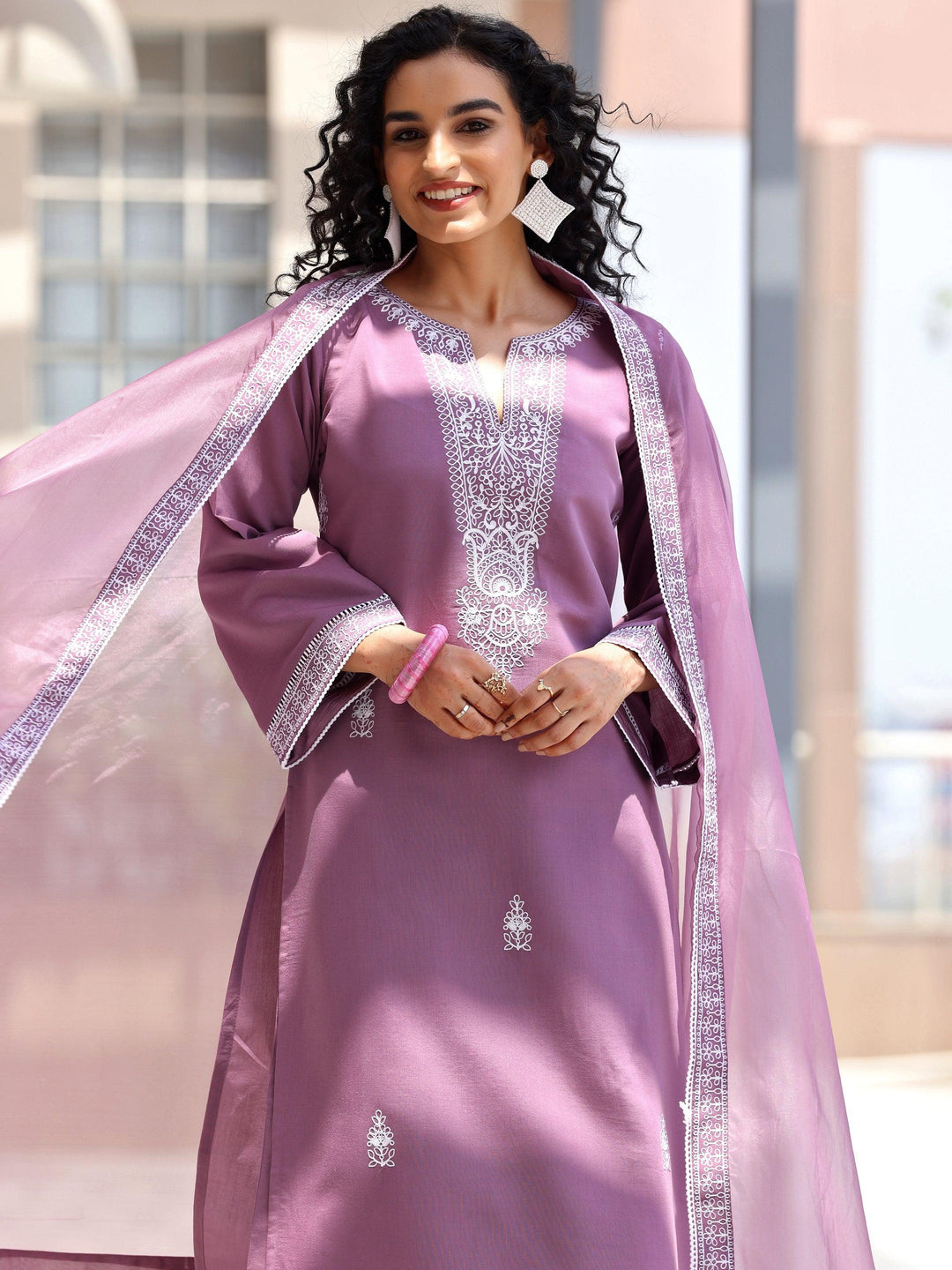 Mauve Embroidered Silk Blend Straight Suit With Dupatta - Libas