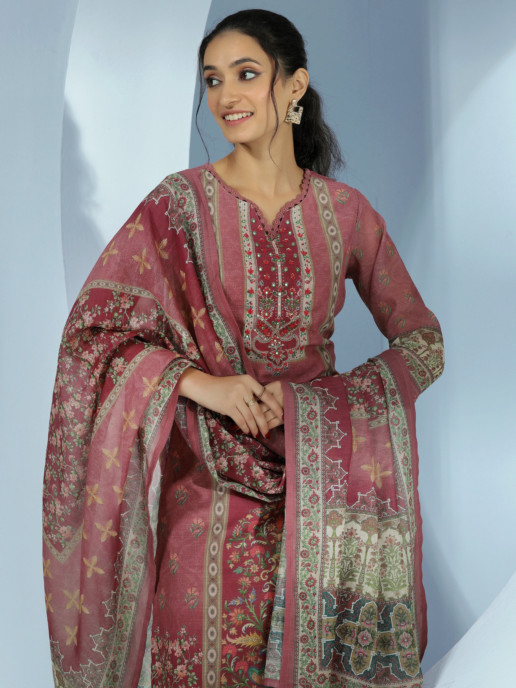 Mauve Printed Linen Straight Suit With Dupatta