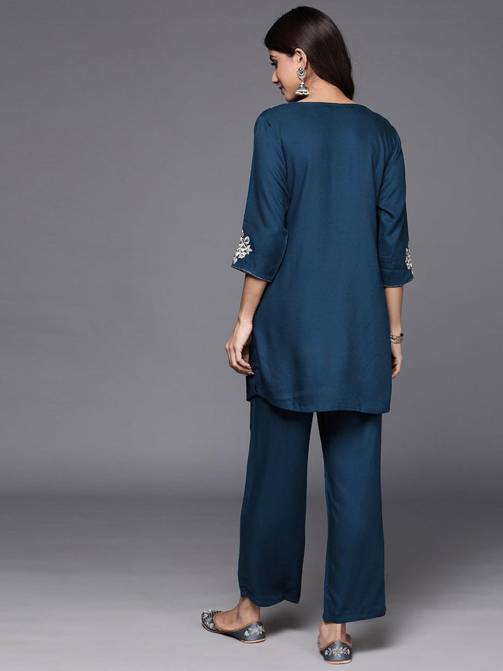 Teal Self Design Wool Blend Tunic With Trousers - ShopLibas