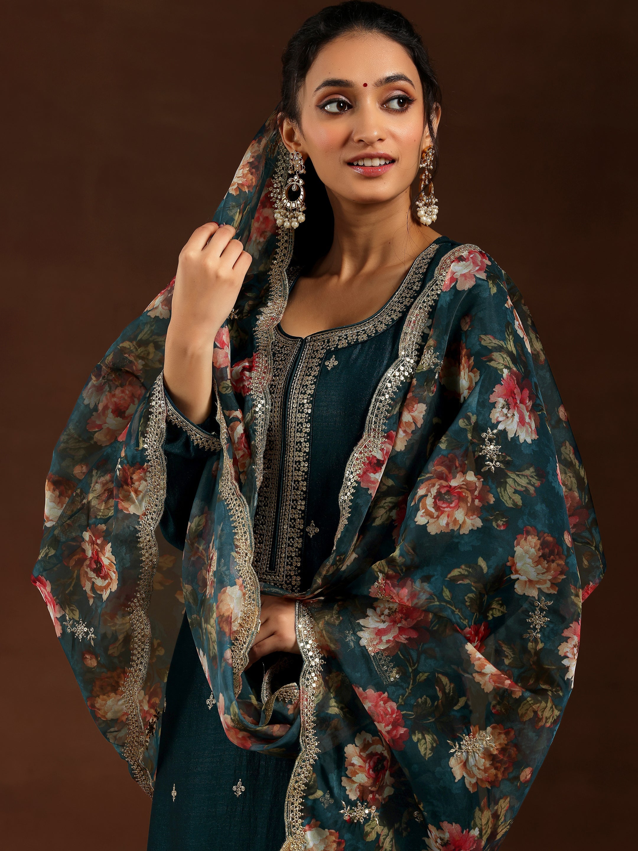 Teal Embroidered Silk Blend Straight Suit With Dupatta