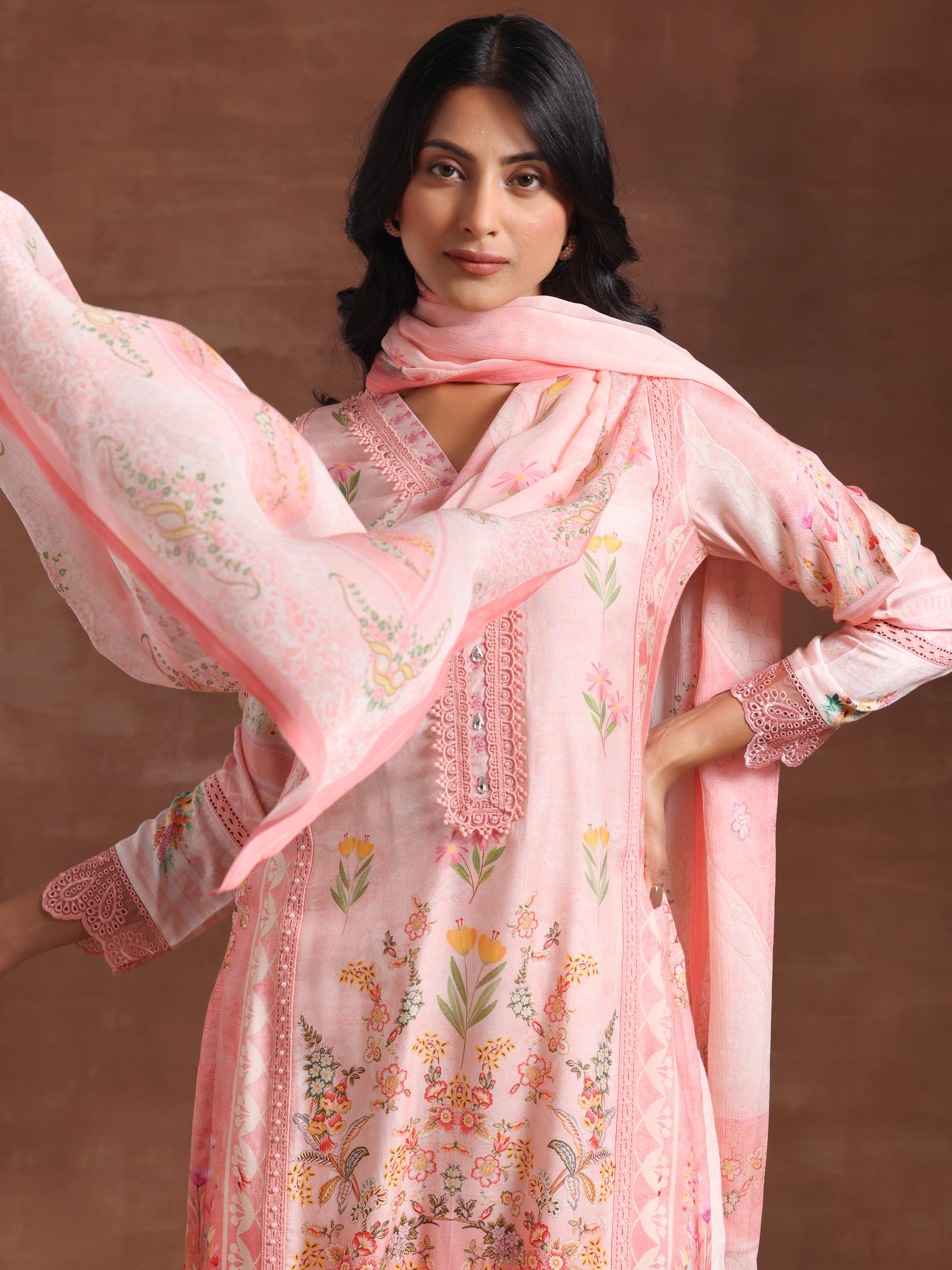 Pink Printed Silk Blend Straight Suit With Dupatta