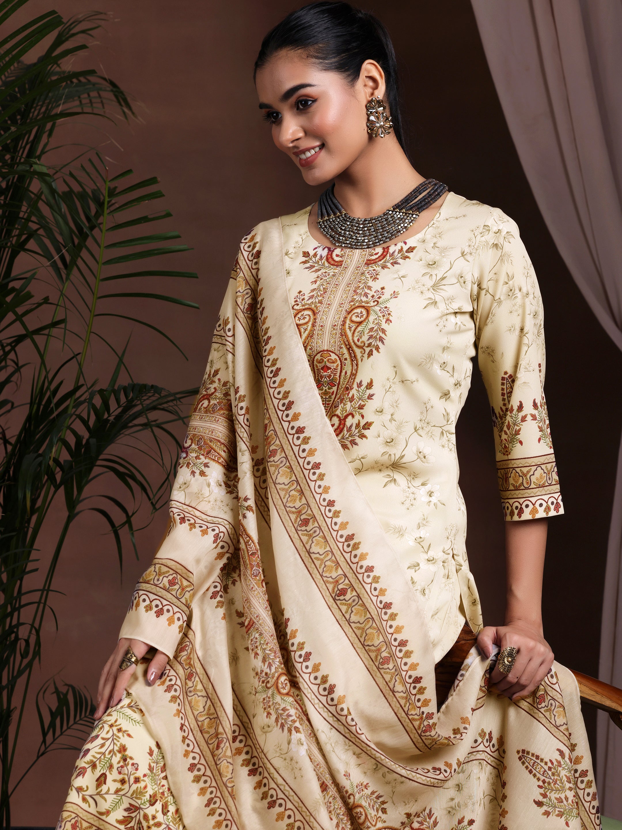 Beige Printed Poly Crepe Straight Suit With Dupatta