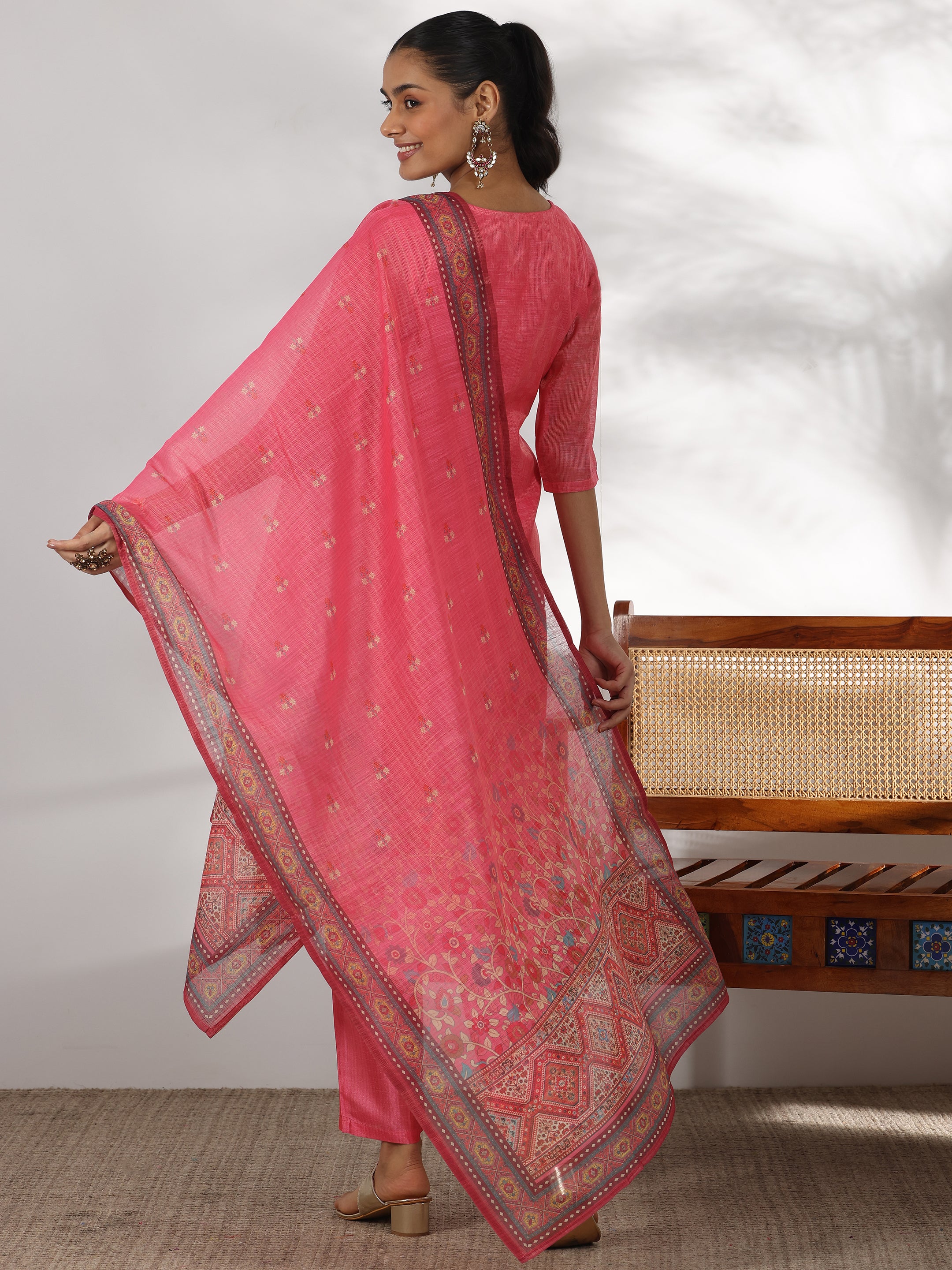 Pink Yoke Design Silk Blend Straight Suit With Dupatta