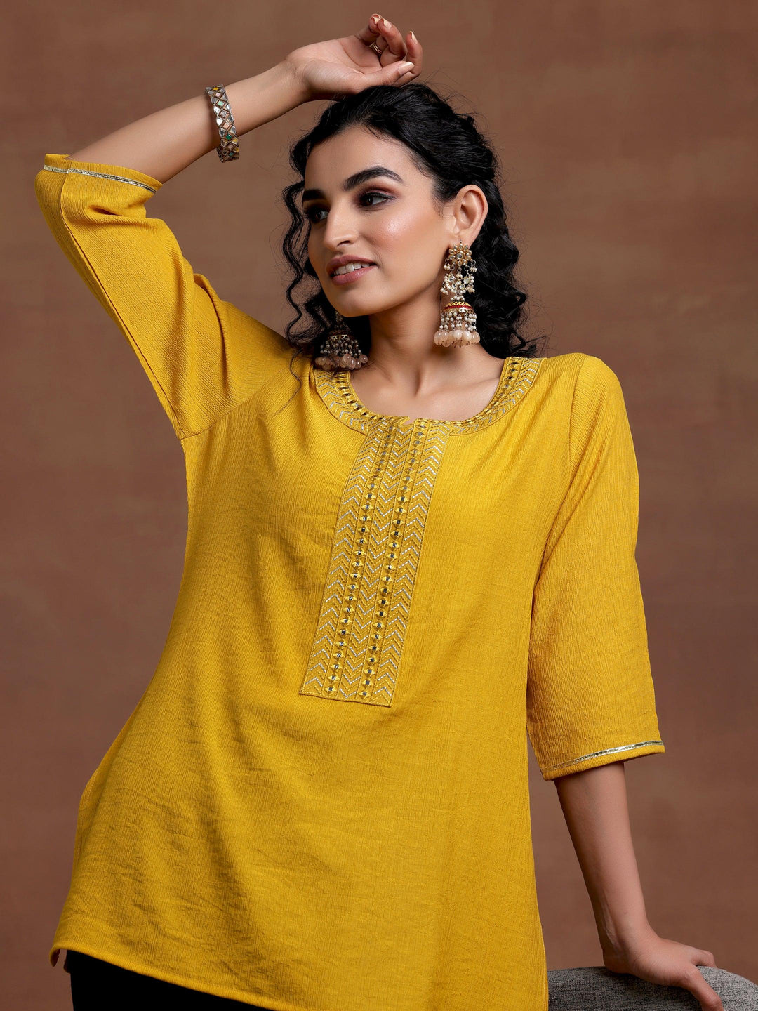 Mustard Self Design Cotton Blend Kurti - Libas