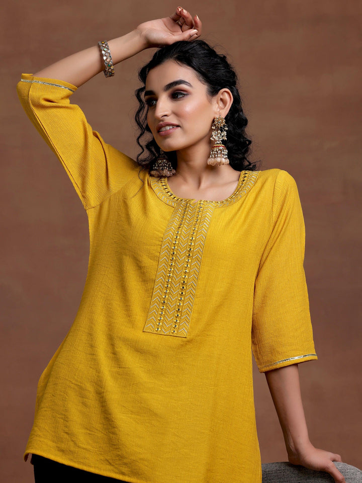 Mustard Self Design Cotton Blend Kurti - Libas