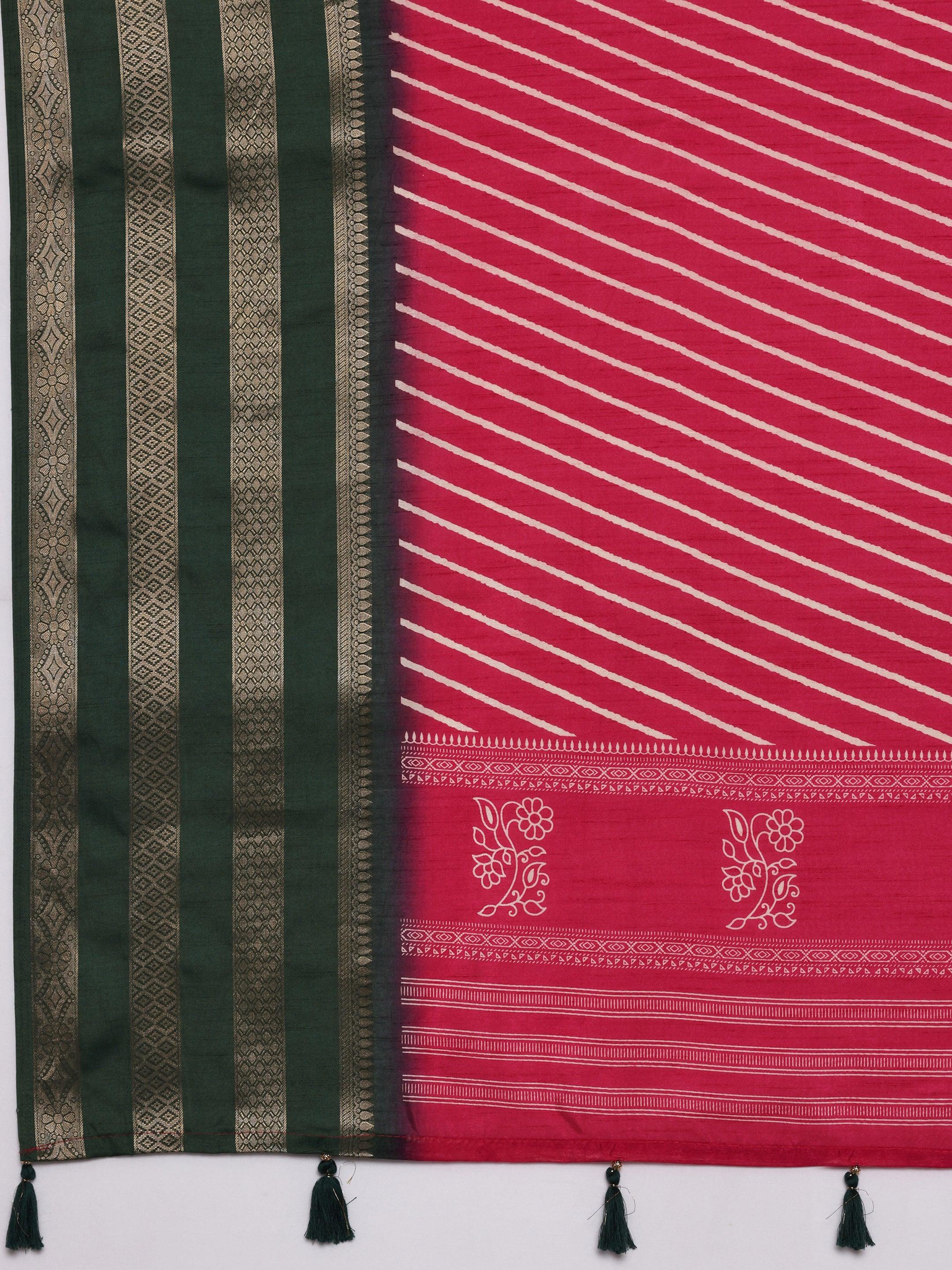 Pink Printed Silk Blend Saree With Unstitched Blouse Piece