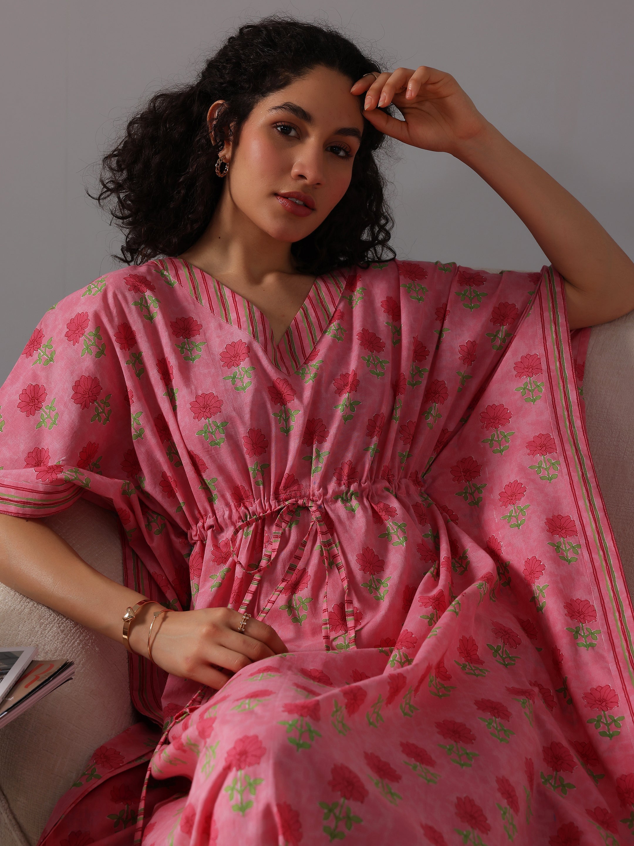 Pink Printed Cotton Kaftan Night Dress