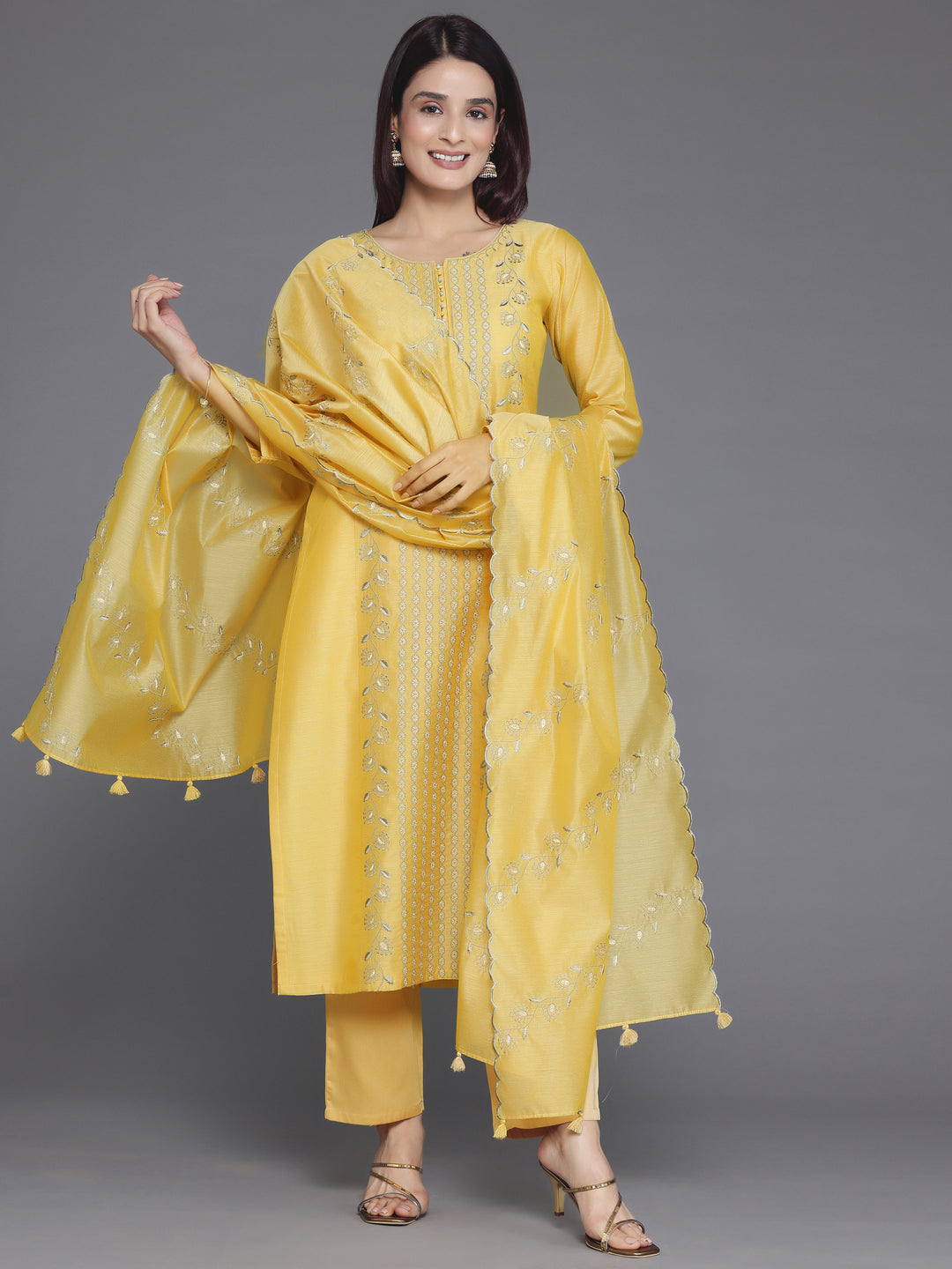 Yellow Embroidered Chanderi Silk Straight Suit With Dupatta