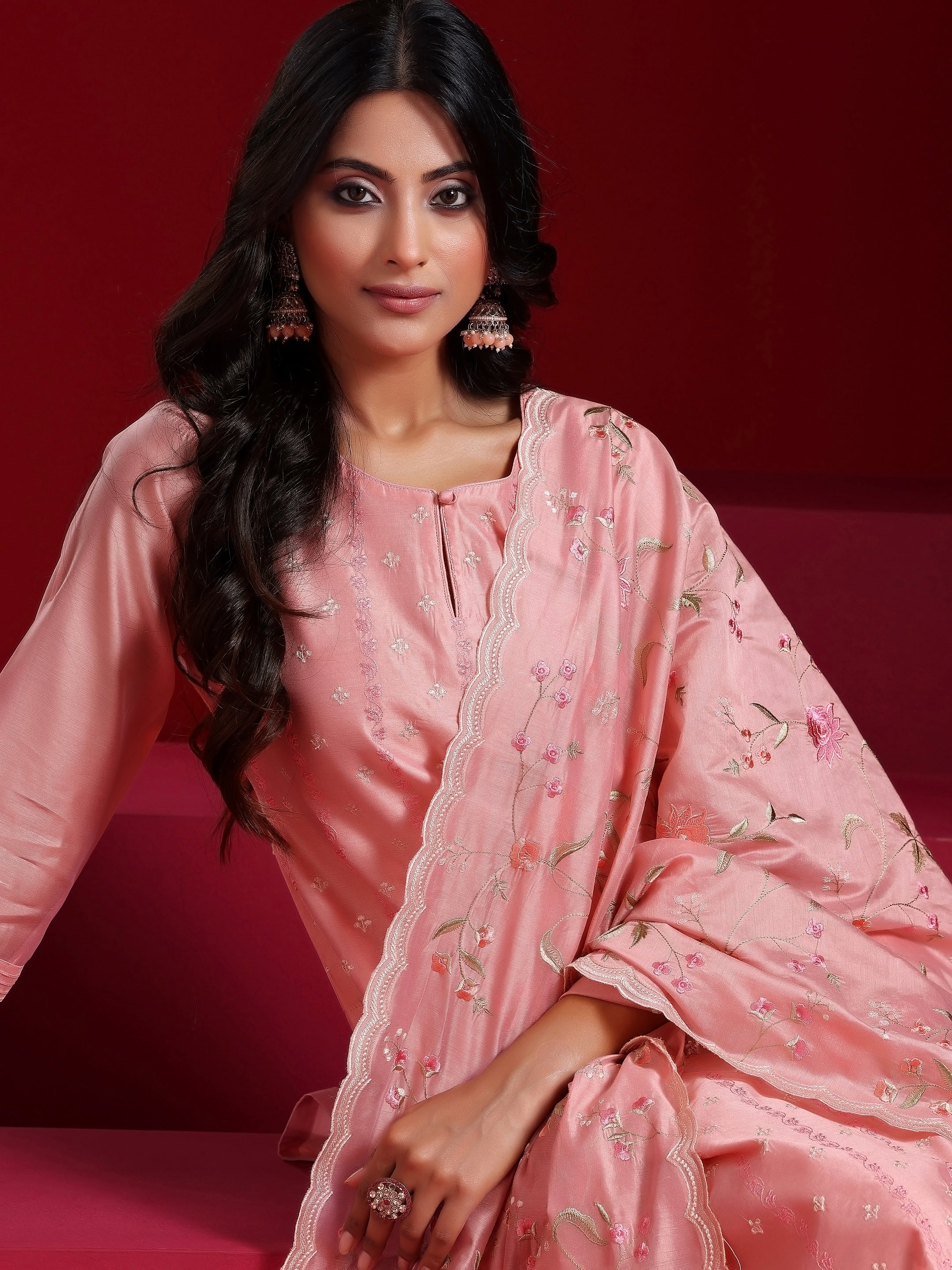 Libas Art Pink Embroidered Chanderi Silk Straight Suit With Dupatta