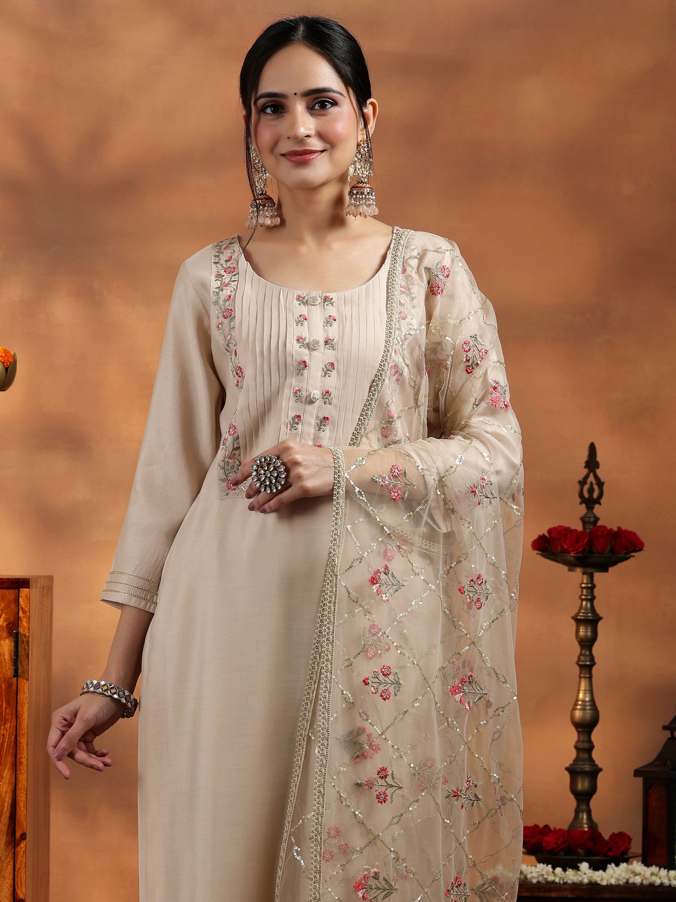 Ivory Yoke Design Silk Blend Straight Suit With Dupatta