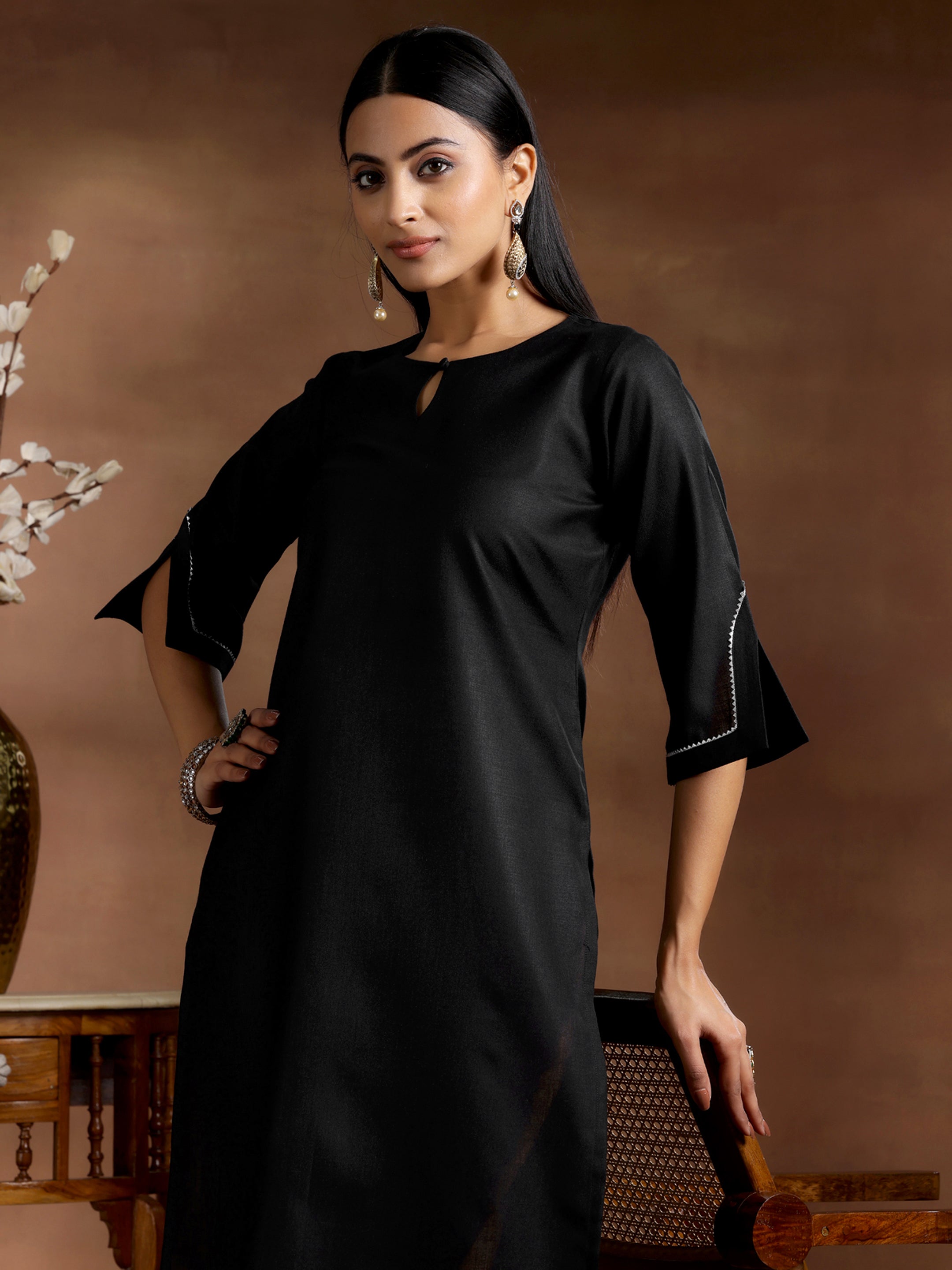 Black Solid Silk Straight Kurta