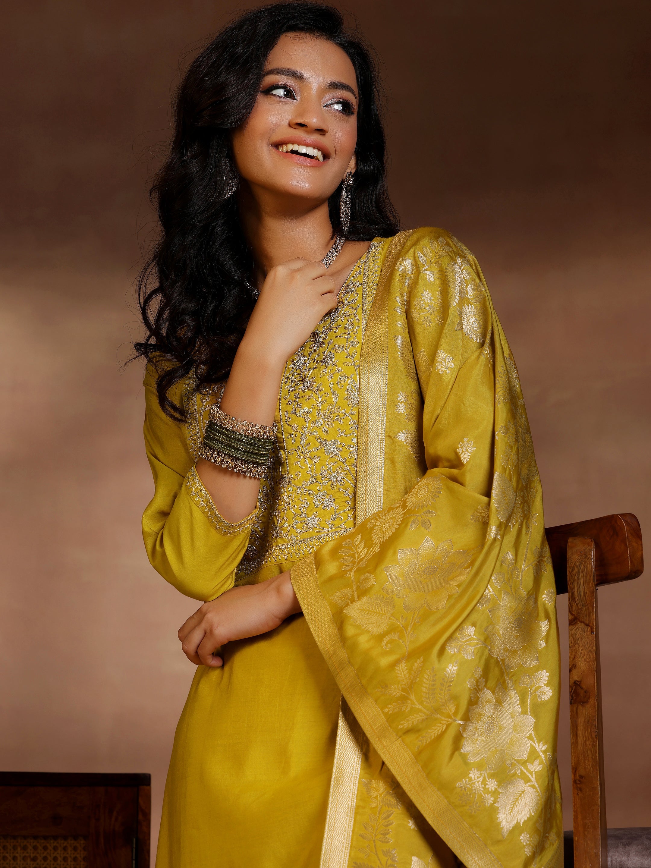 Mustard Yoke Design Silk Blend Straight Suits With Dupatta