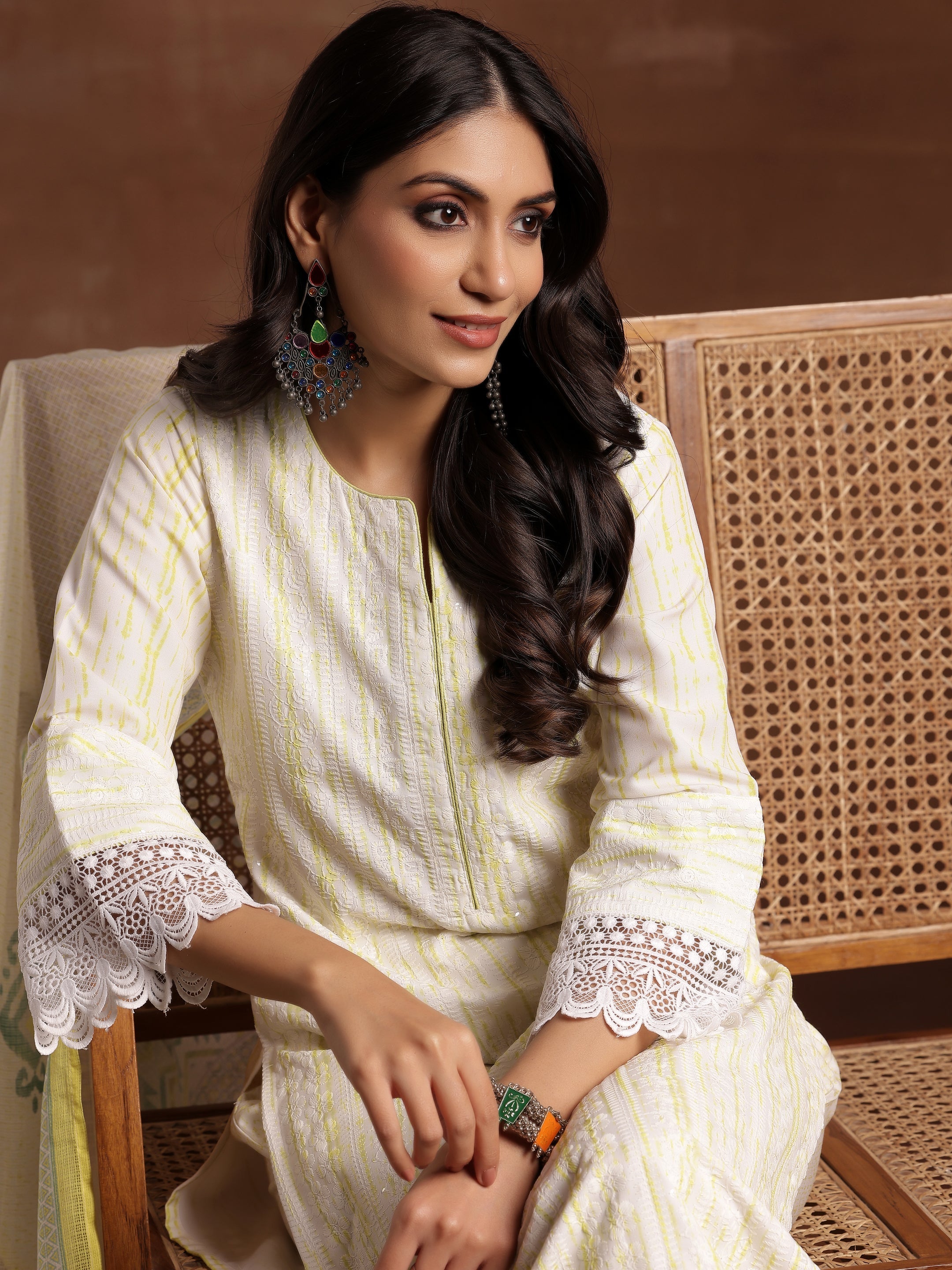 Off White Embroidered Cotton Blend Straight Suit With Dupatta