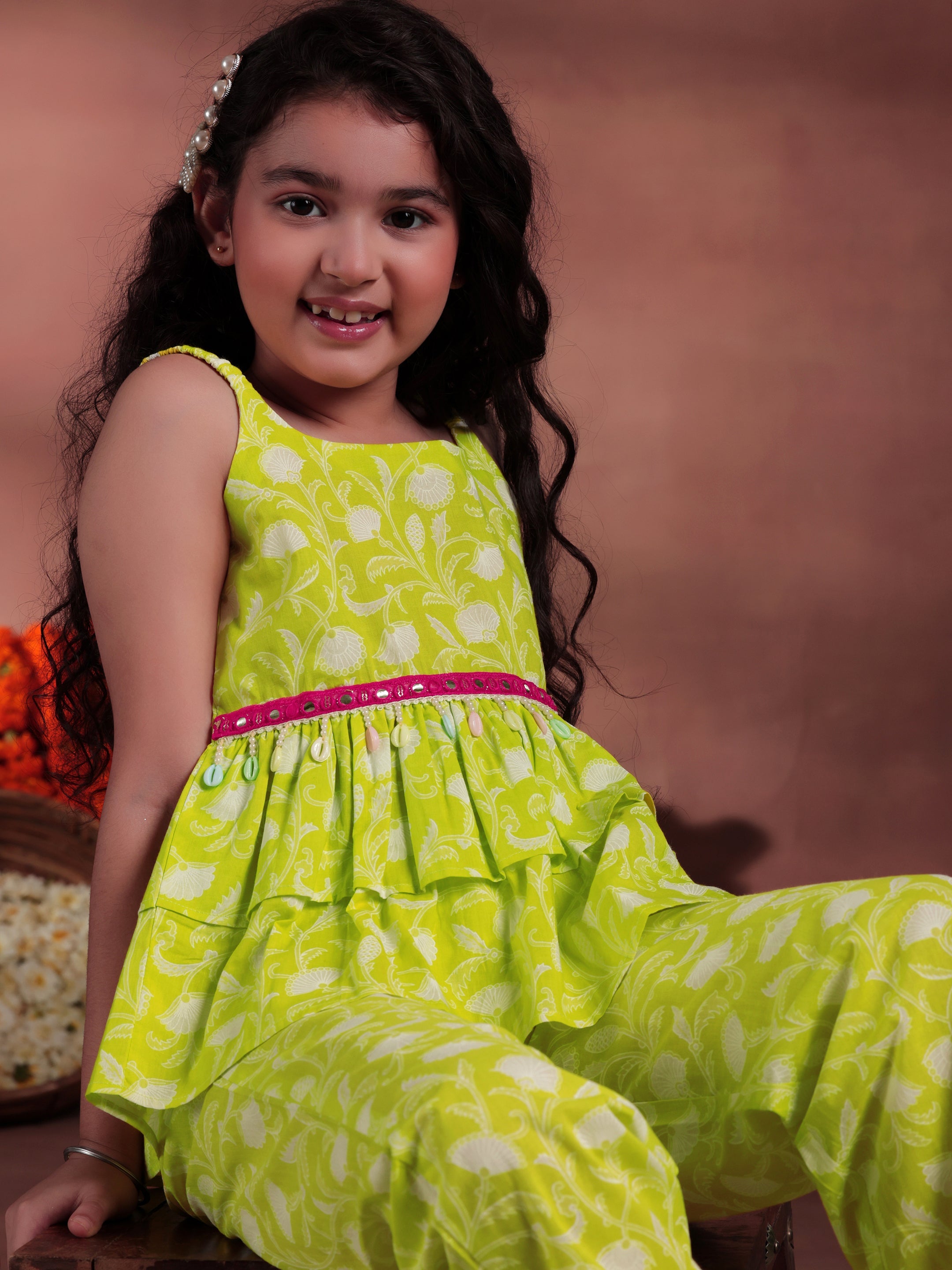 Kids Lime Green Printed Cotton Co-Ords