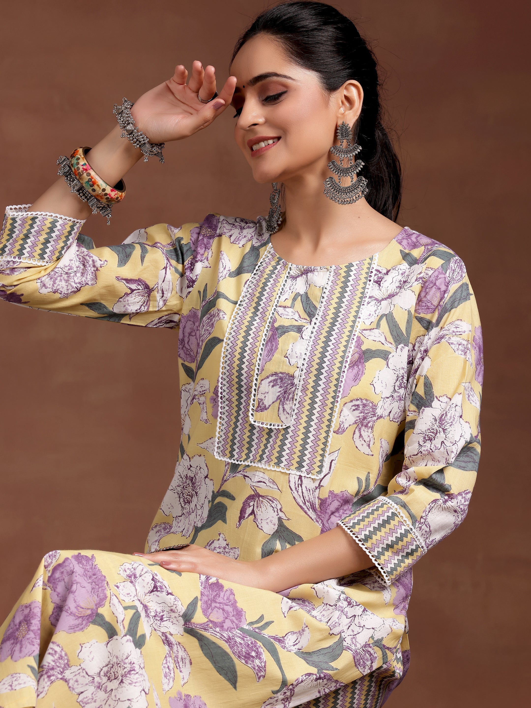 Yellow Printed Cotton Straight Kurta Set